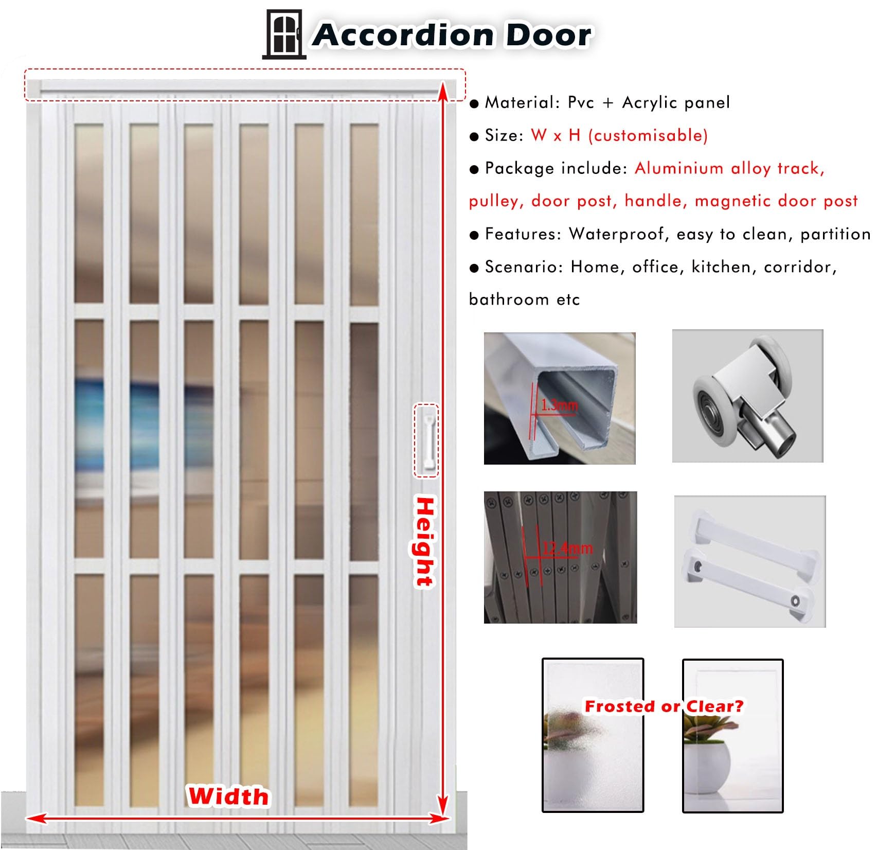 falttür Multifold PVC-Falttüren Für Den Innenbereich, 61 71 76 81 91 96 101 106 121 126 136 141 151 183 203 Cm, Faltschiebetür, Raumteiler Mit Hardware Für Küche/Waschküche/Badezimmer, Weiß(WxH 34x80i