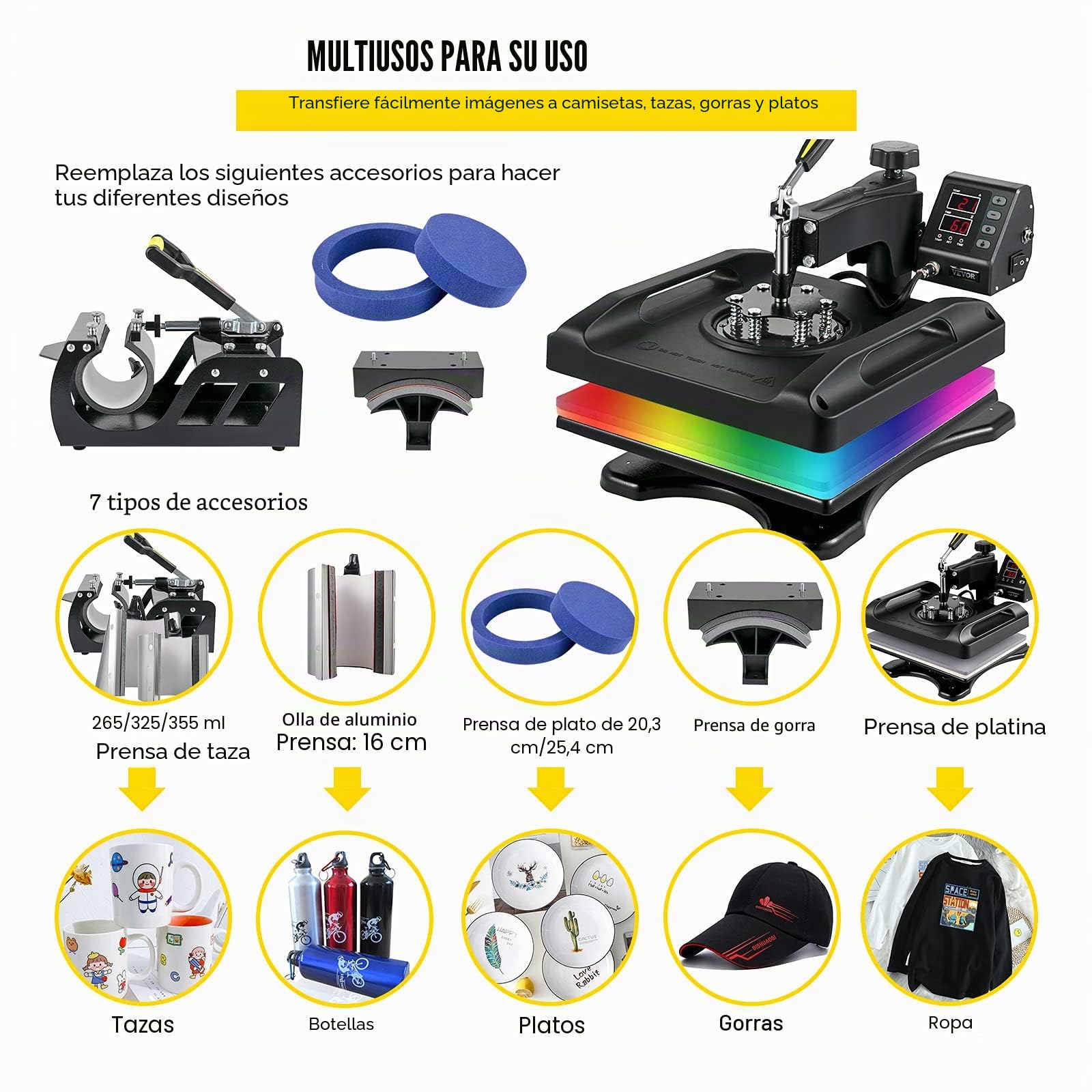 VEVOR Prensa de Calor 8 en 1 Placa 38 x 38 cm Máquina de Prensa de Calor Negra 1000 W Giratoria de 360 Grados Pantalla Digital Prensa de Transferencia para Camiseta Taza Sombrero Tapa