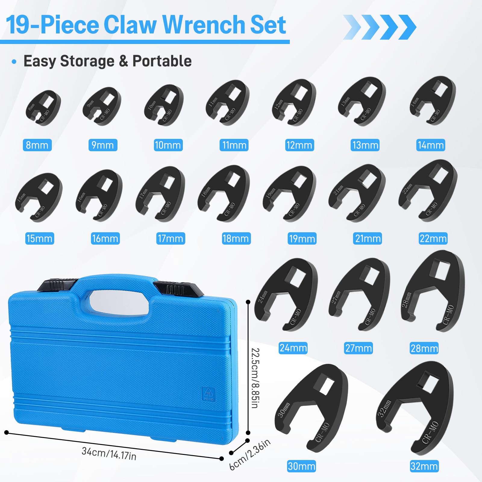 Set di chiavi a piedino di gallo, 19 pezzi, 8-32 mm, chiave dinamometrica | In acciaio CR-MO da 3/8 e 1/2 pollici, chiave a forchetta aperta per cricchetto, cavo del freno, riparazione auto, officina
