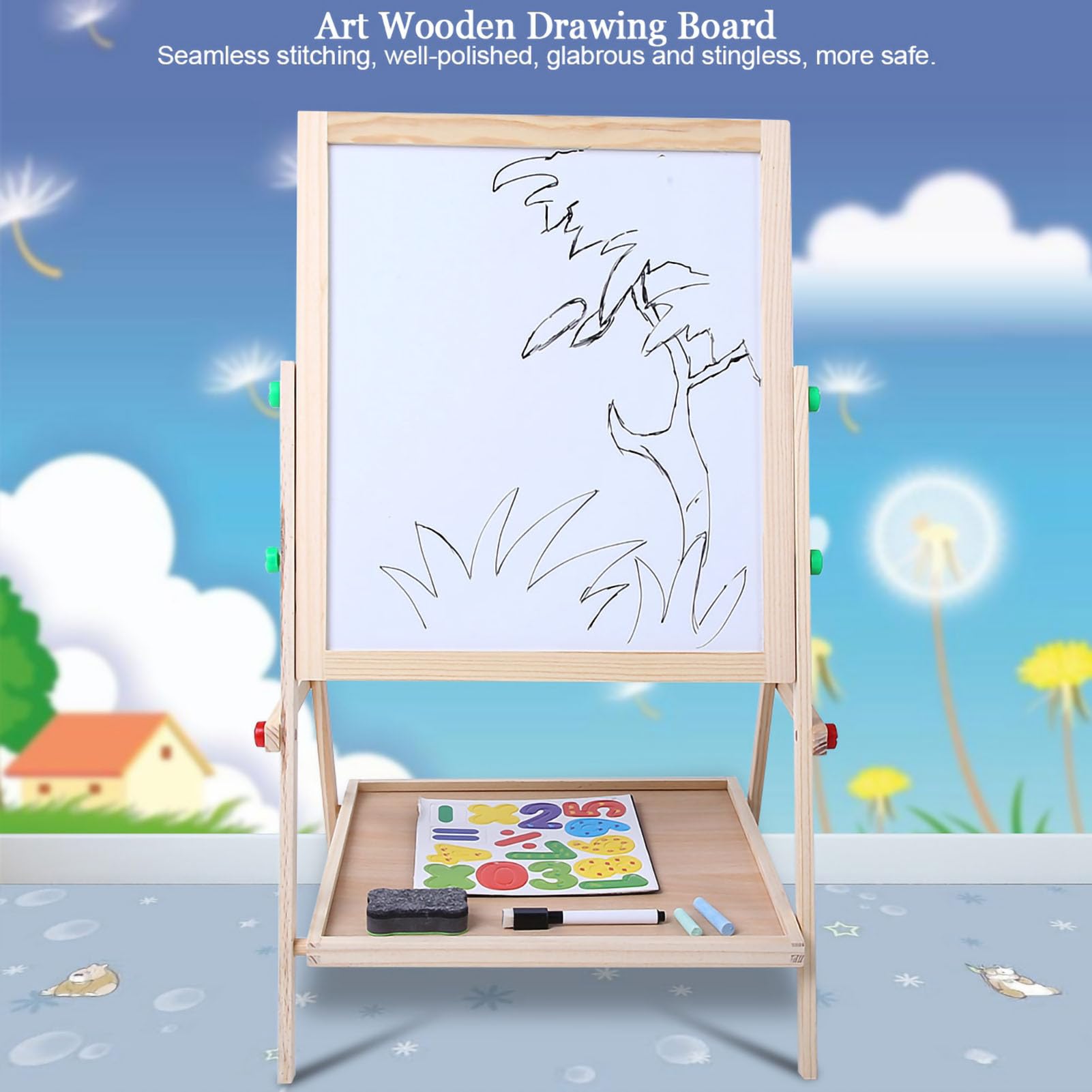 Tavolo da Disegno in Legno Artistico a Doppio Lato 2 in 1 per Bambini - Altezza Regolabile, Legno di Pino Resistente, Gioco Creativo, 2 unità