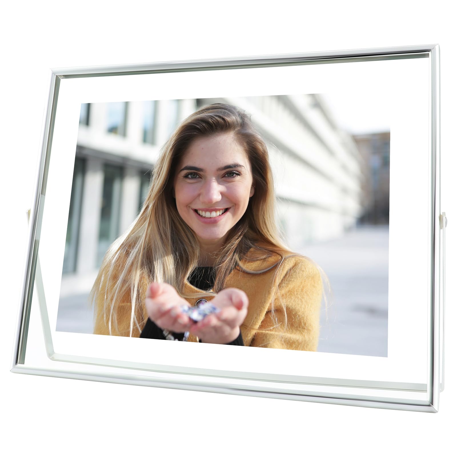 AhaGo Silver Floating Frame, 8"×10", Horizontal, For Picture 7x9, 6x8, 5x7, Tabletop Metal Photo Frames, Classy For Birthday, Wedding, Anniversary,