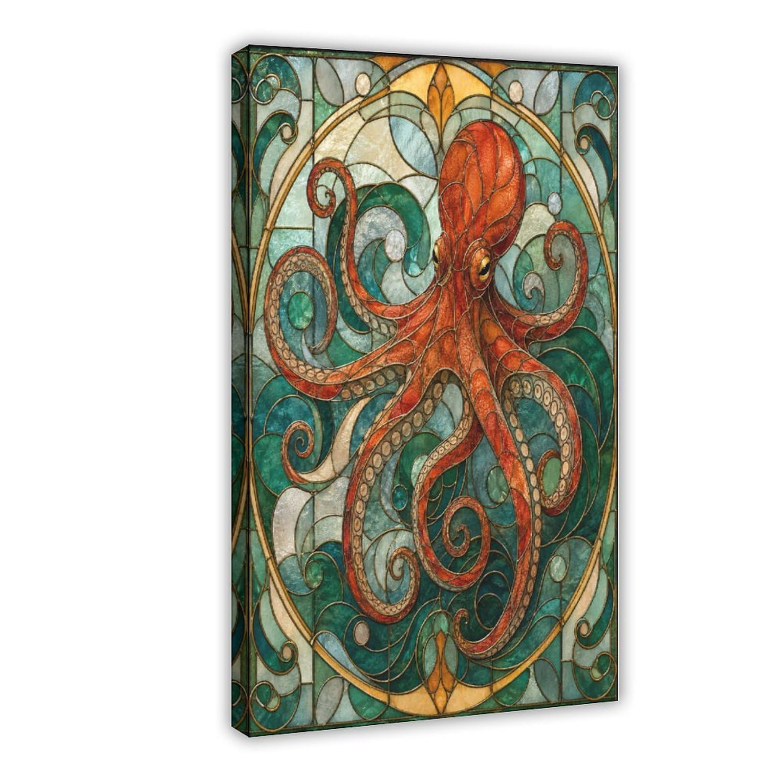 W7C8U2X3 Octopus Stained Glass Canvas Wall Art, Art Nouveau Studio