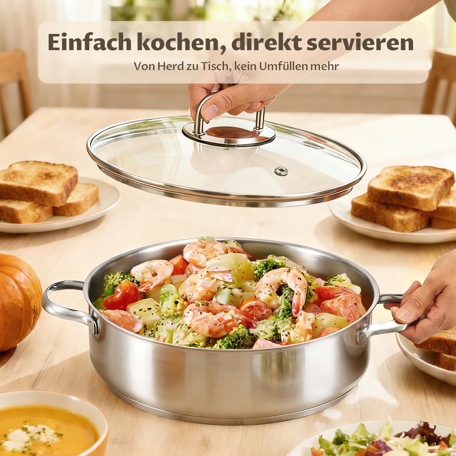 BEZIA Schmorpfanne 28 cm mit hohem Rand & Deckel, Induktions-Bräter 5,2 L | Edelstahl 18/10 Pfanne, unbeschichtet mit Mengenanzeige, Nietfrei & pflegeleicht, Schmortopf zum Schmoren & scharfen Anbraten