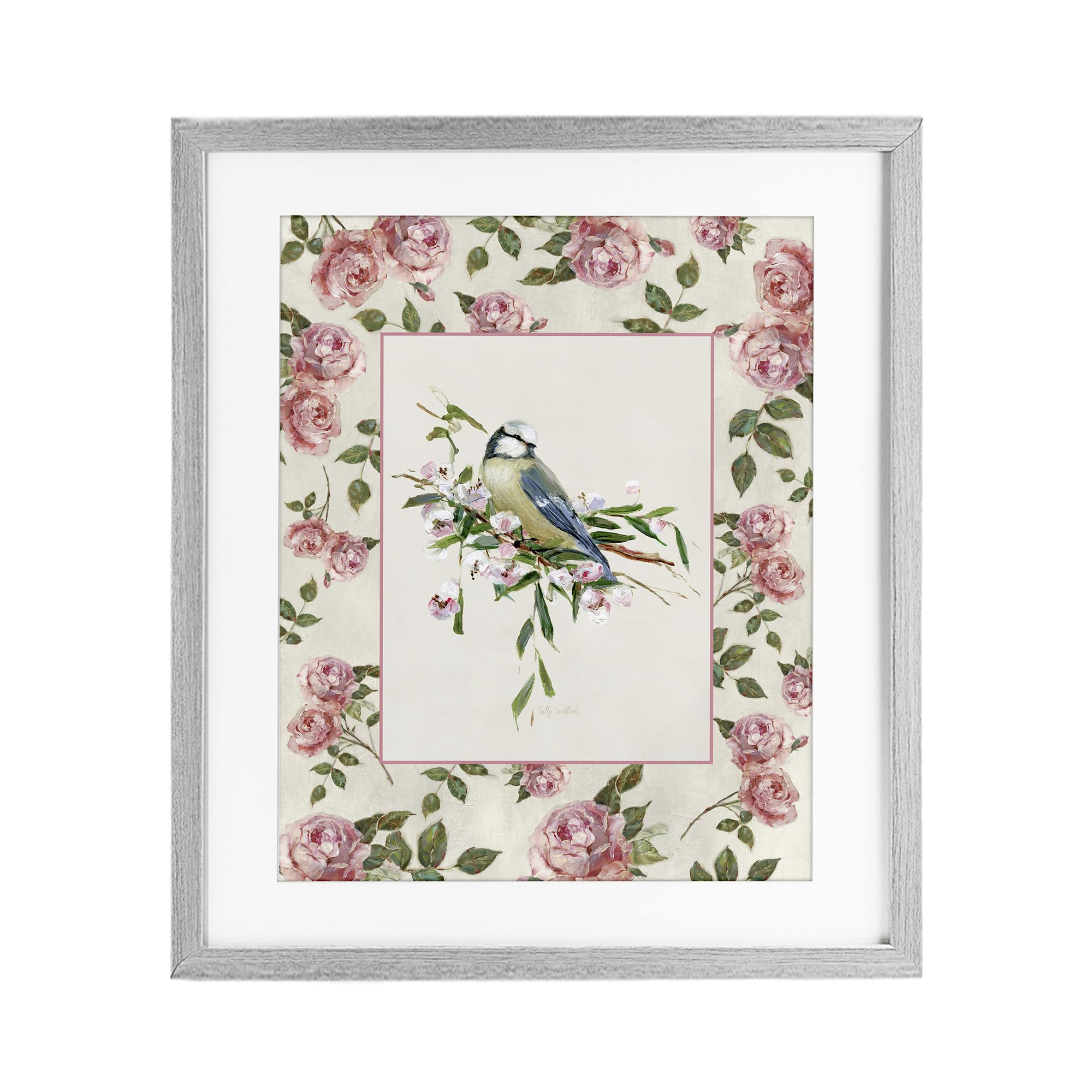 Dainty Roses Perched Bird Floral, 17 x 21 Inch Framed Print Under Glass