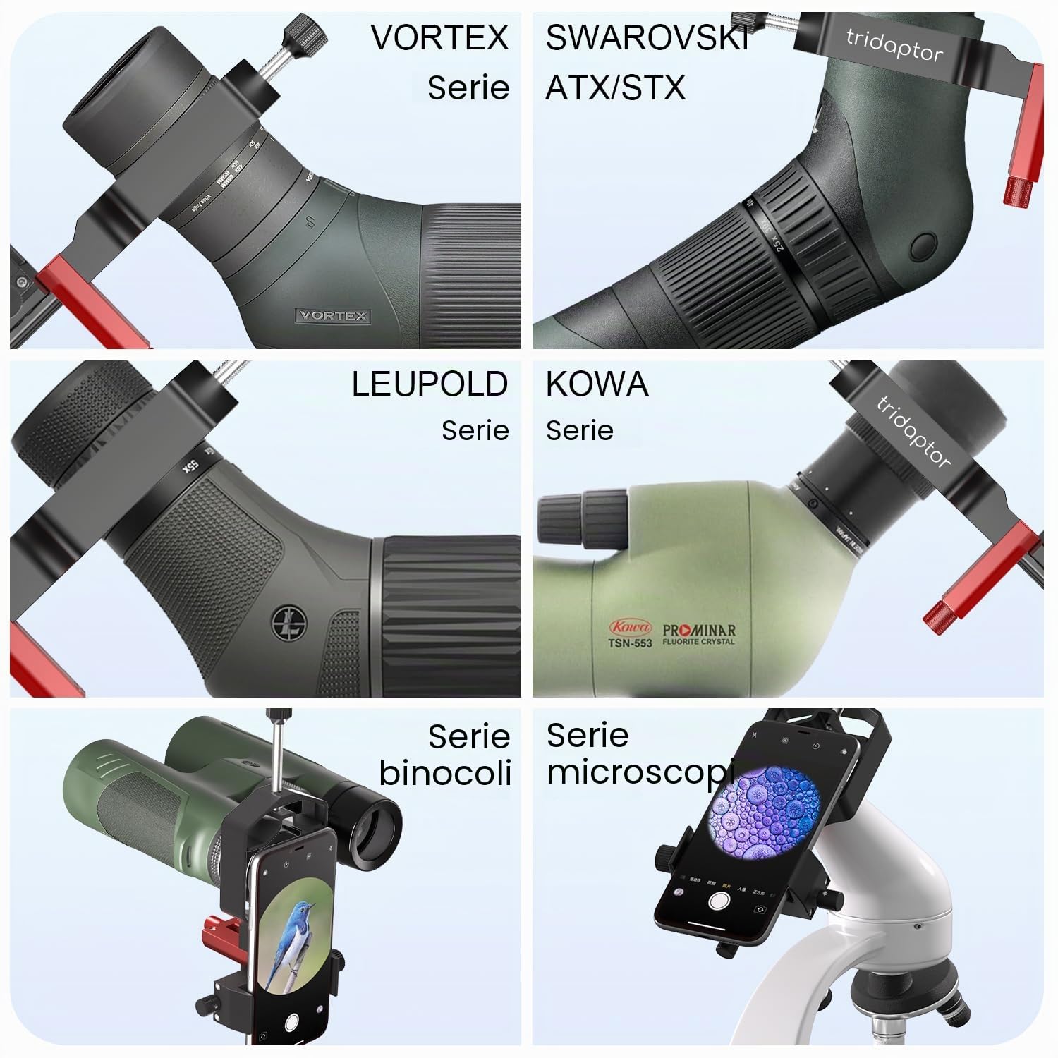 Adattatore per telefono telescopico ad alta precisione a 3 assi, adattatore digiscoping per smartphone, supporto in metallo per mirino, microscopio binoculare binoculare, adatto a tutte le fotocamere