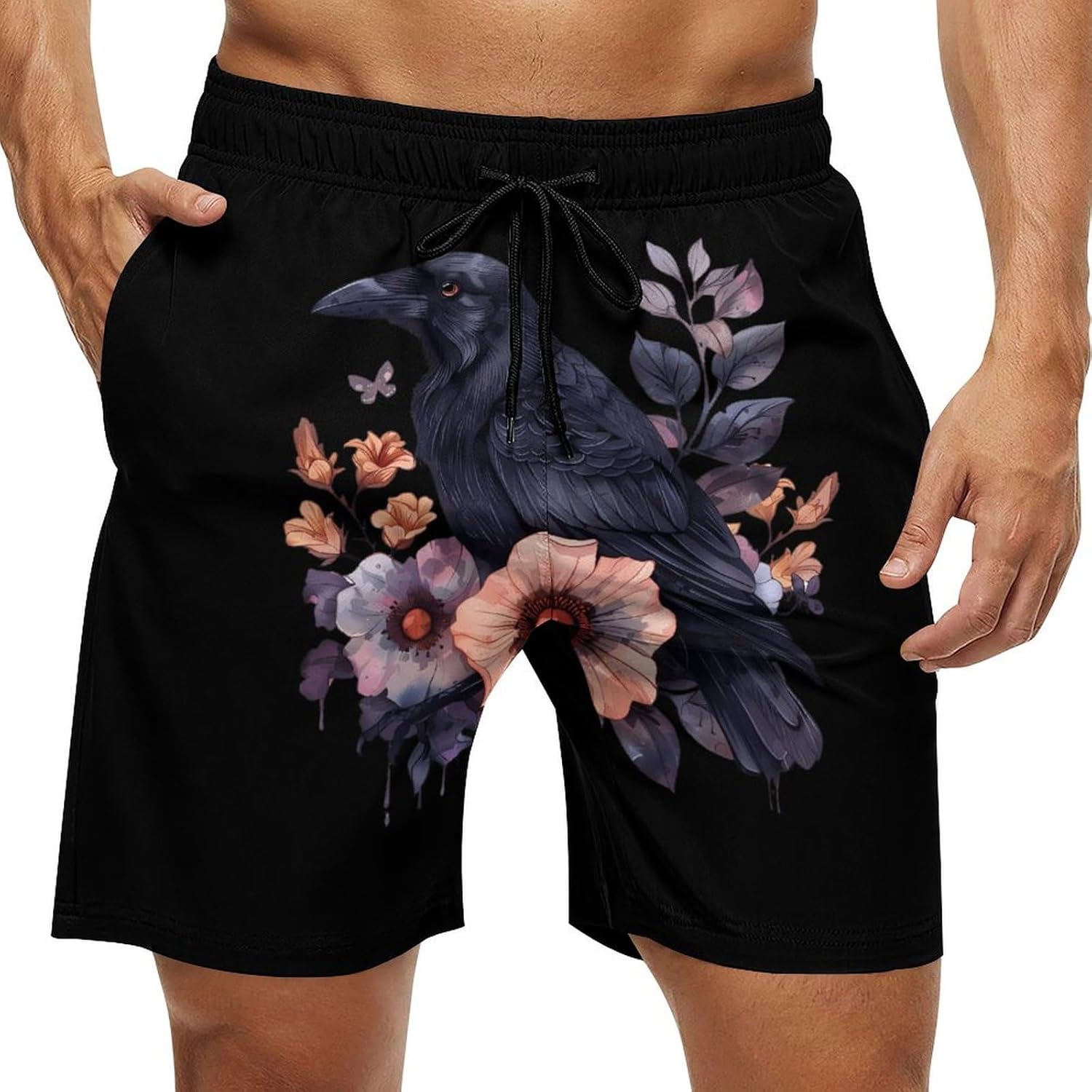 Crow Boho Flowers Casual Men's Swim Trunks Novelty Summer Beach Shorts Swimwear with Pocket