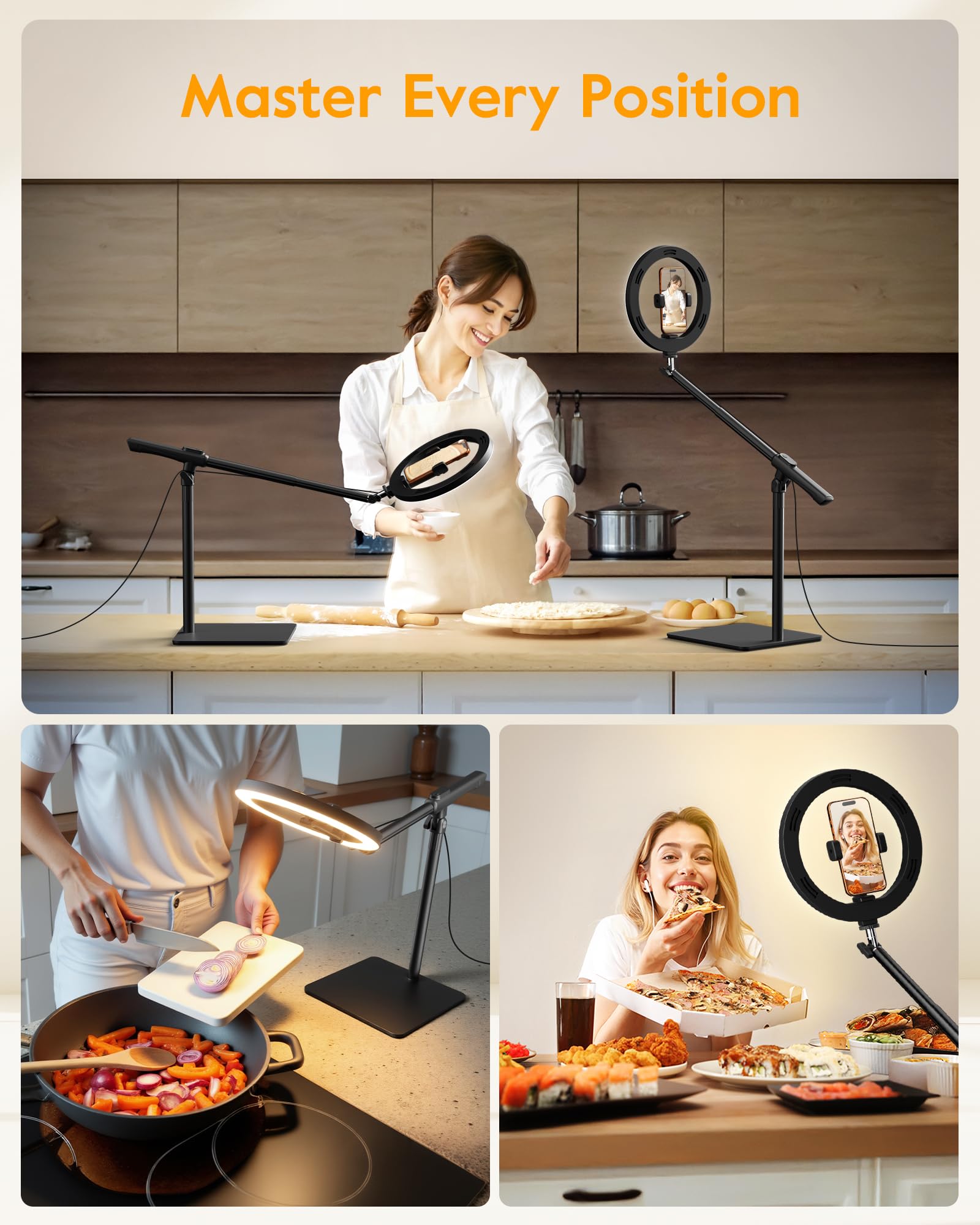 LUXSURE Overhead Treppiede cellulare con luce ad anello per cucina e video alimentari, supporto da tavolo con luce ad anello, anello Light con treppiede per tavolo | anello luce ad anello per cucina e