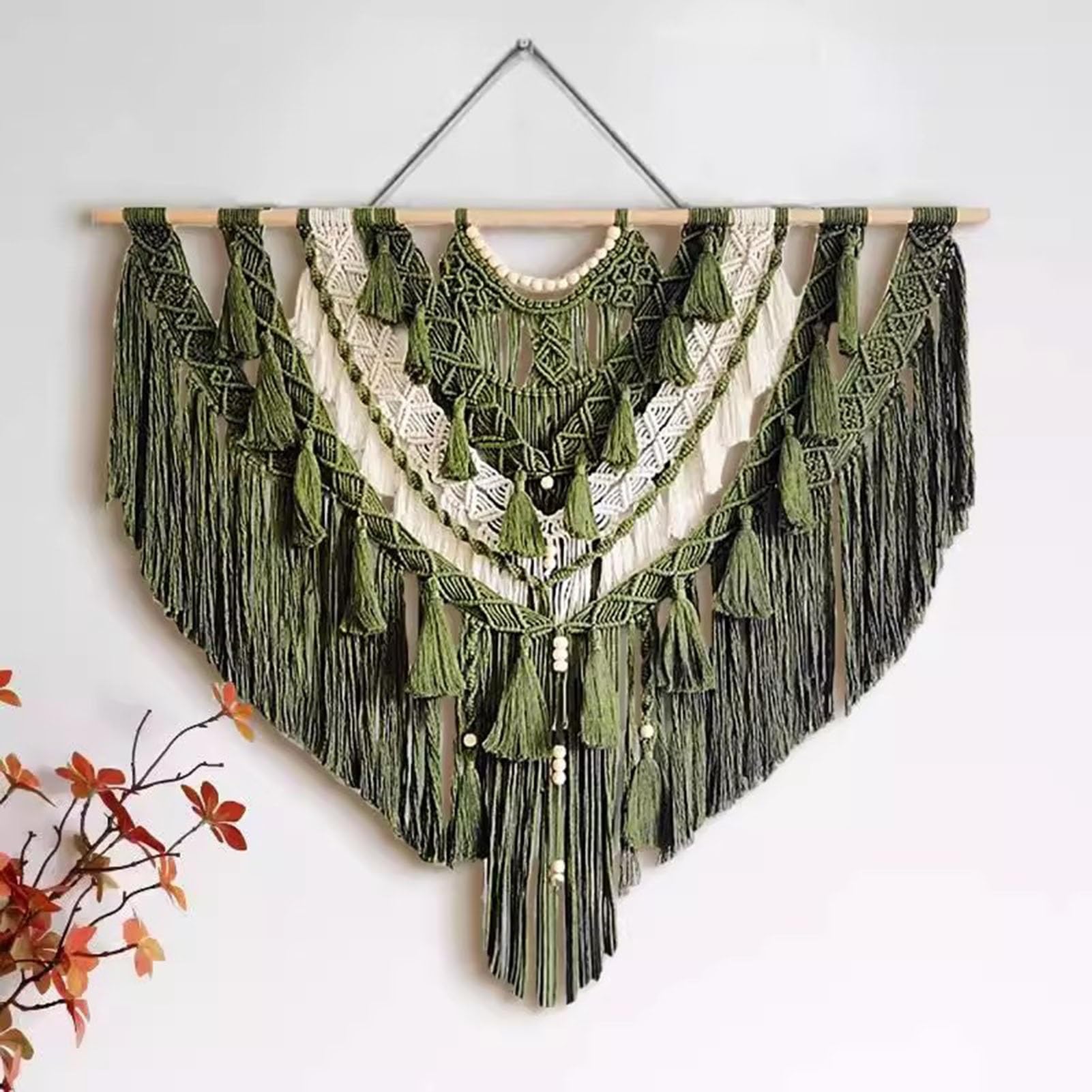 Tapiz de pared de macramé tejido hecho a mano con cuentas, decoración de pared bohemia verde oliva y crema