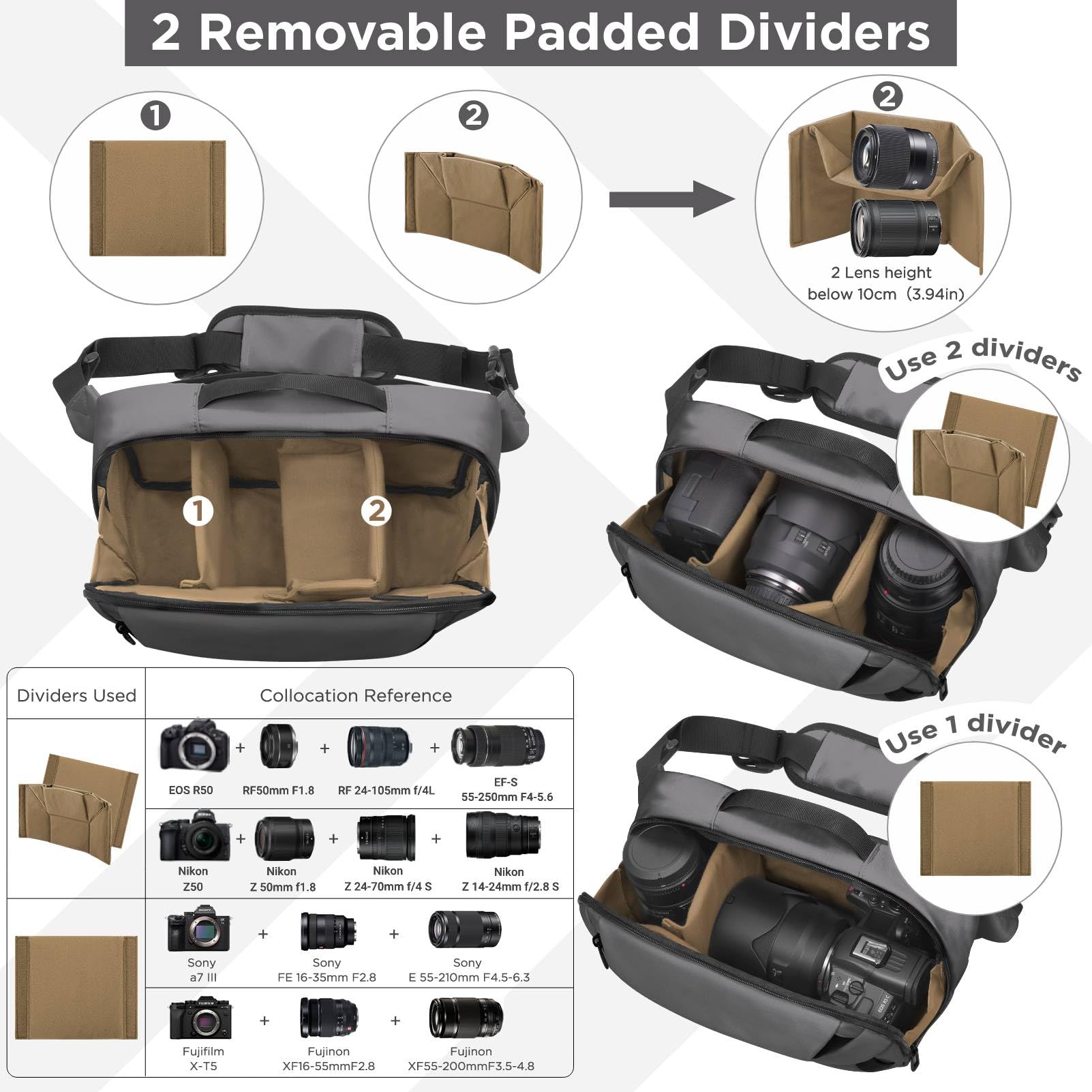 TAAOKA Sac à bandoulière étanche pour appareil photo avec support pour trépied, DSLR/SLR/Mirrorless Petit sac à bandoulière pour photographes (gris)