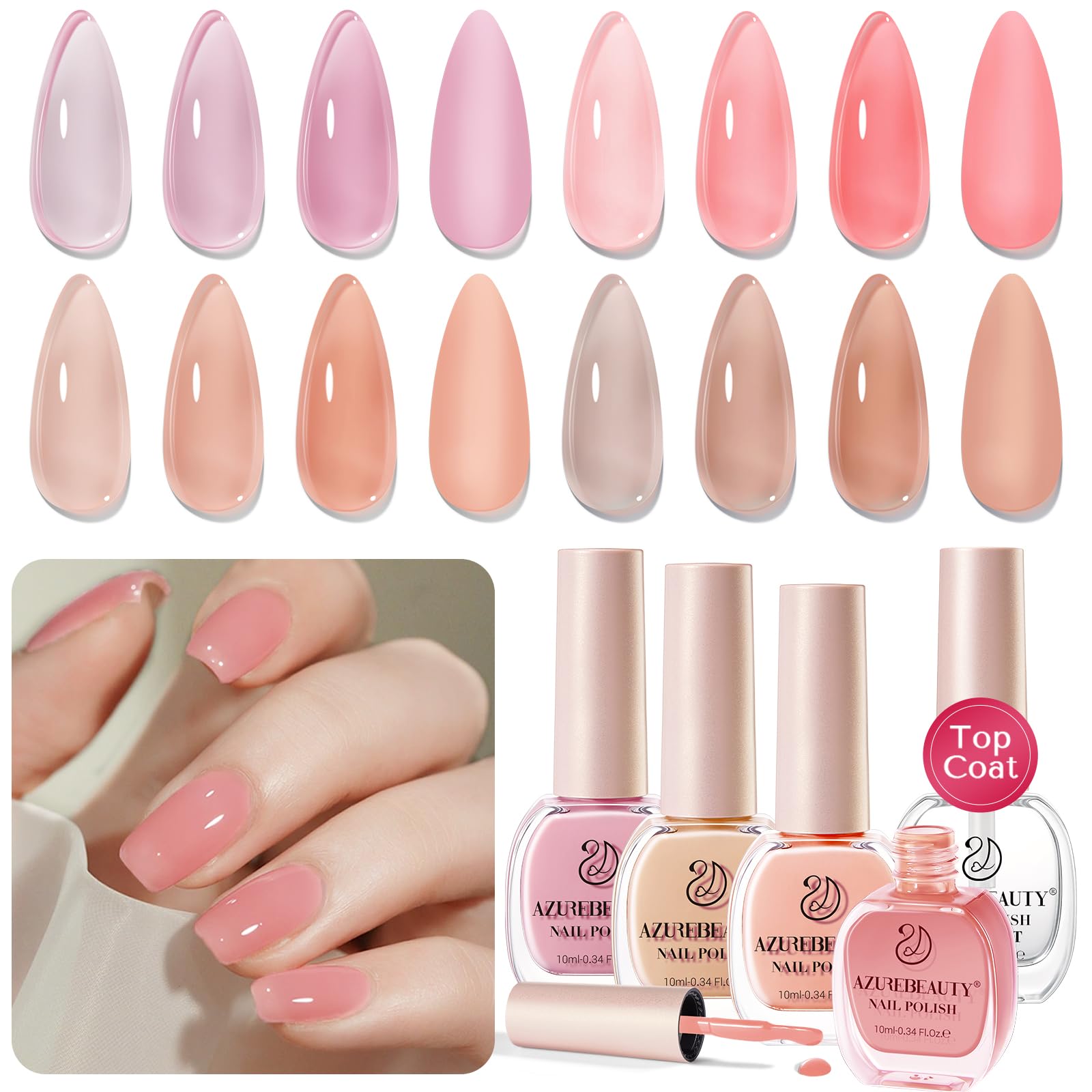 AZUREBEAUTYJelly Nail Polish Set Quick Dry Transparent Nude Pink Purple Brown 4 Colors Sheer Natural Nail Lacquer Fingernail Kit with Top Coat Nail Polish DIY Salon Home