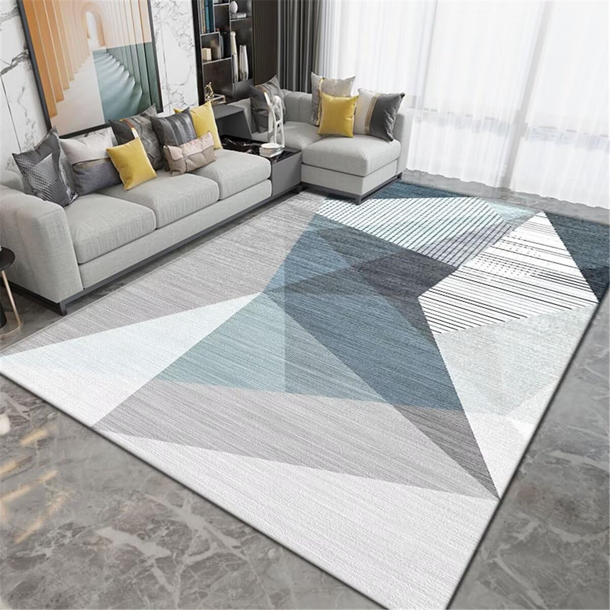 Tapis pour chien lavable et design géométrique gris bleu pour le salon