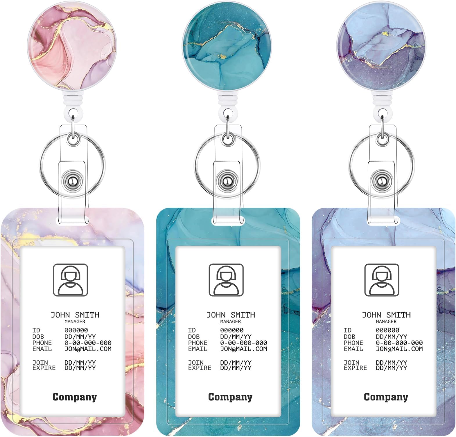 3 Set Heavy Duty Badge Holder with Retractable Reel, Marble Retractable ID Badge Holders with Clip Name Key Card Holder Case for Teacher Nurse Gift for Coworkers