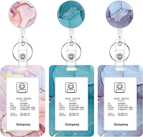 Juego de 3 portatarjetas de alta resistencia con carrete retráctil, soporte retráctil de mármol para tarjetas de identificación con clip, funda para