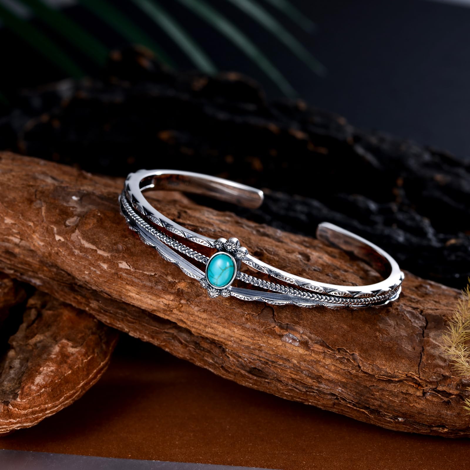 Echter Türkis Armreif, Sterling Silber Boho Verstellbarer Bangles Cuff Native American Vintage Schmuck für Damen, Passend für 6.5/7 / 7.5 Zoll