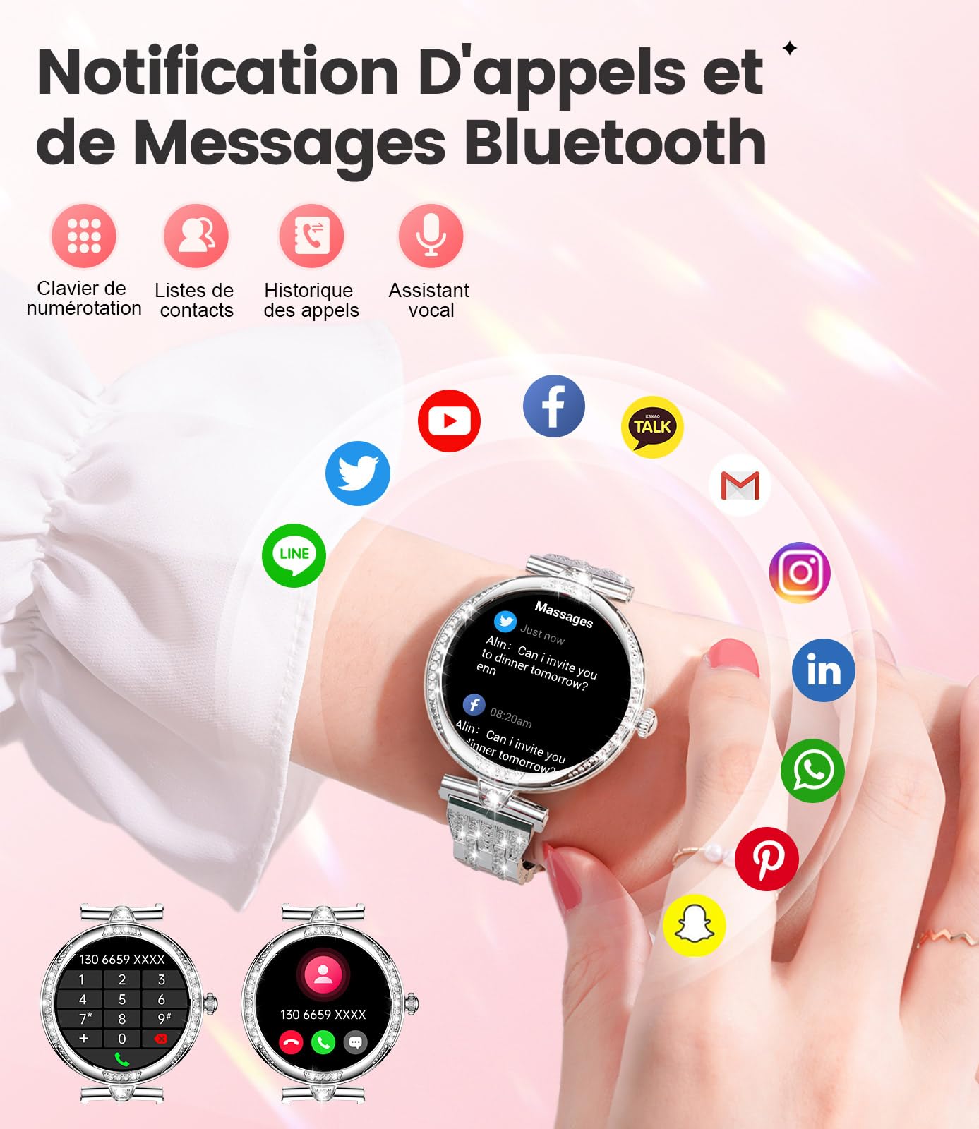 LIGE Montre connectée Femme Appels Bluetooth pour Android iOS 1,19" AMOLED Acier Inoxydable Diamant Smartwatch Argent Petite,Fréquence Cardiaque,Moniteur de Sommeil,Podomètre,Calories,100+ Mode Sport