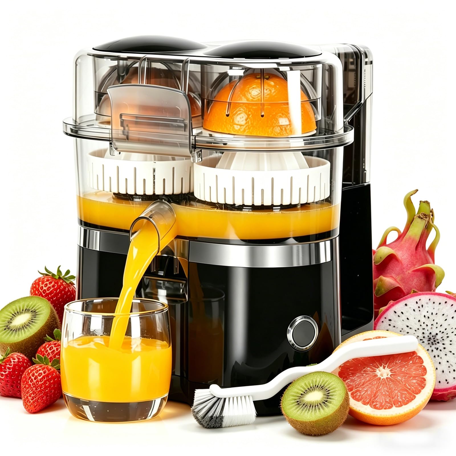 Spremiagrumi Elettrico A Doppia Testa, Pressa Automatica Per Arance Limoni Lime Con Taglierina Integrata (Black)