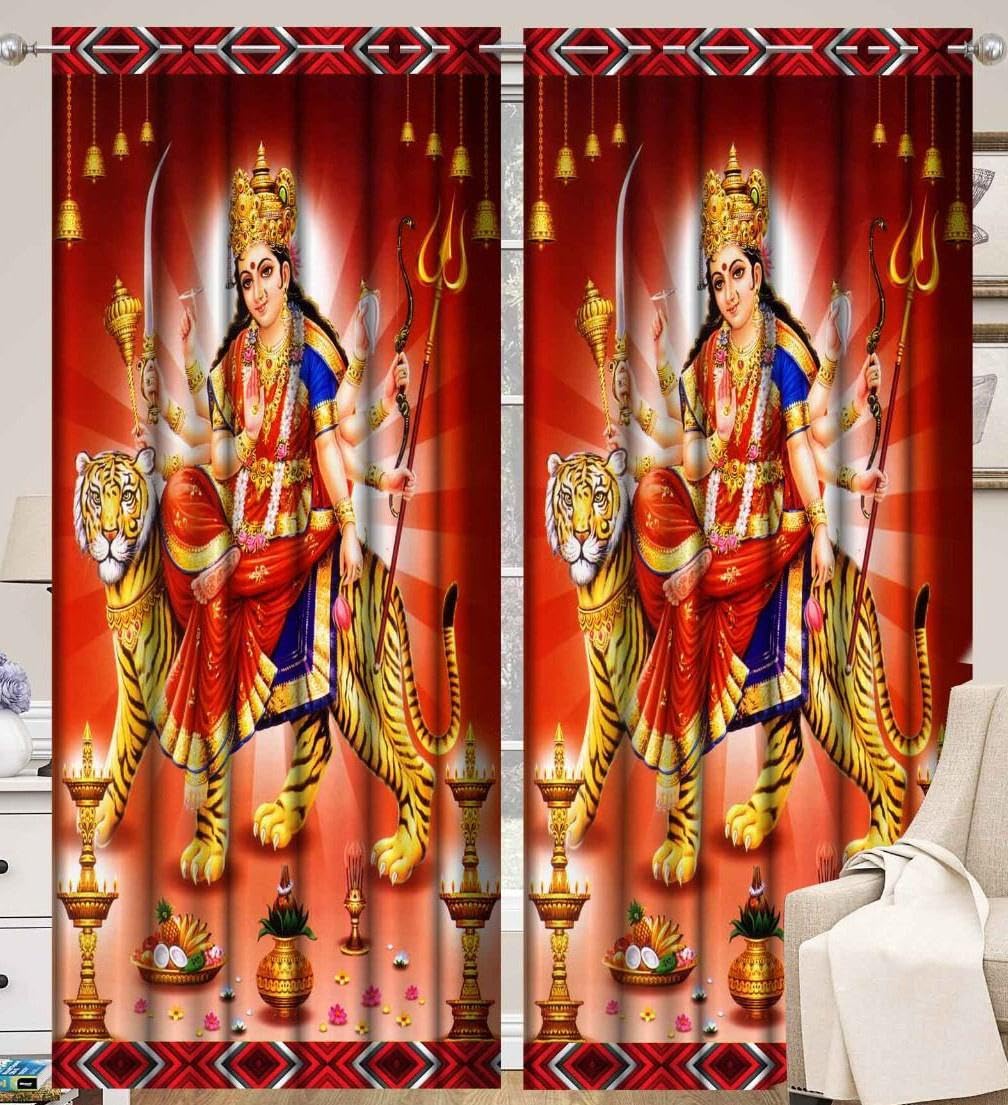 WO FLORA 3D Digital God Curtains for Poojaroom MATA Sherowali Temple Curtain for Poojaghar/MATA Rani Mandir Parde 5 feet Long Set of 2 Pcs for Window