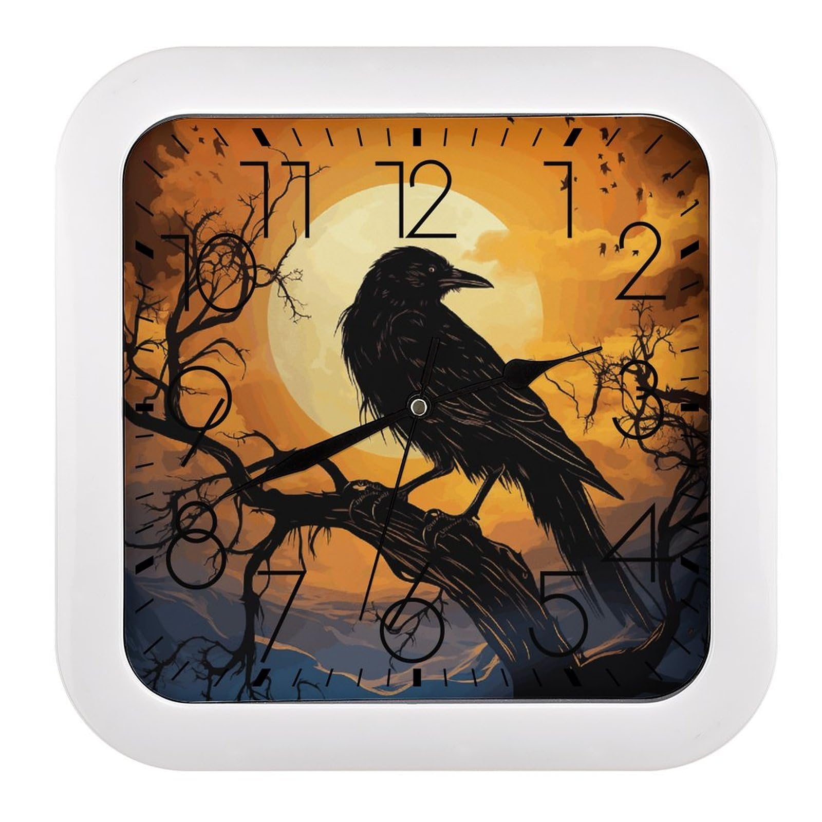 MUSM 10.2 X 10.2 Inch Modern Crow Wall Clock Battery Operated High Accuracy Decorative Square Clocks for Kitchen Bedroom Living Room Home Office Porch