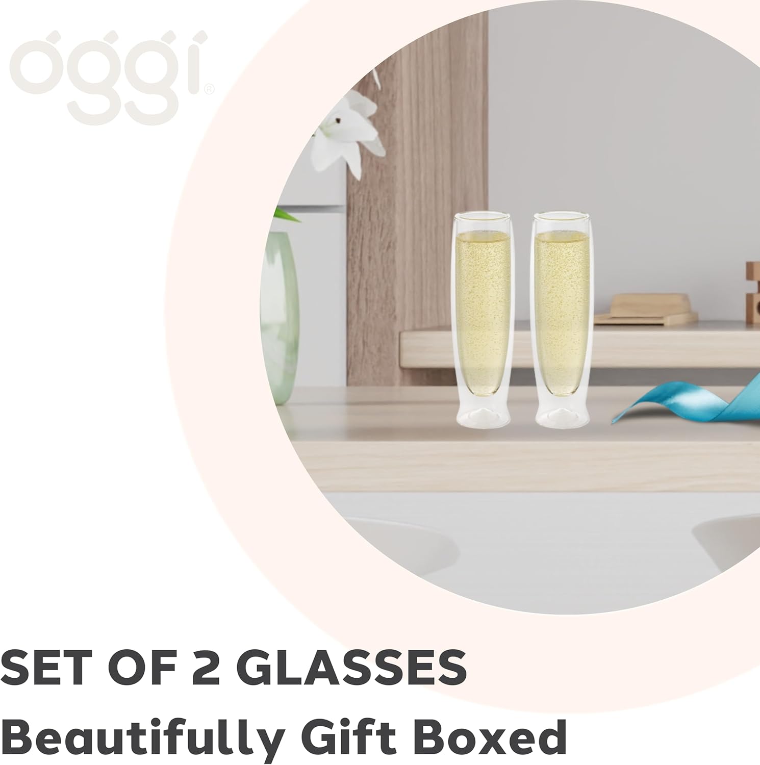 Oggi Champagne Flutes Double Wall Insulated Glass, Ideal for Champagne Cava Prosecco Sparkling Wine Mimosa Bridesmades Bridal Shower, Stays Cool Longer Even Outdoors, Stunning, 6oz/180ml, Set 2