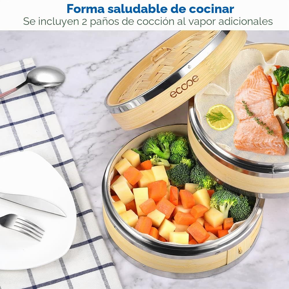 Ecooe Cesta de vapor de bambú 20 cm con 2 paños de algodón para verduras, dim sum, pescado y carne