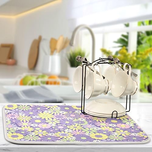 Miniatura 5 de Colorful Flowers Painting Dish Mat Washnable Absorbent Kitchen Countertop Decor Countertop Protector Heat Resistant Tapete Para Cocina 16'' x 18''