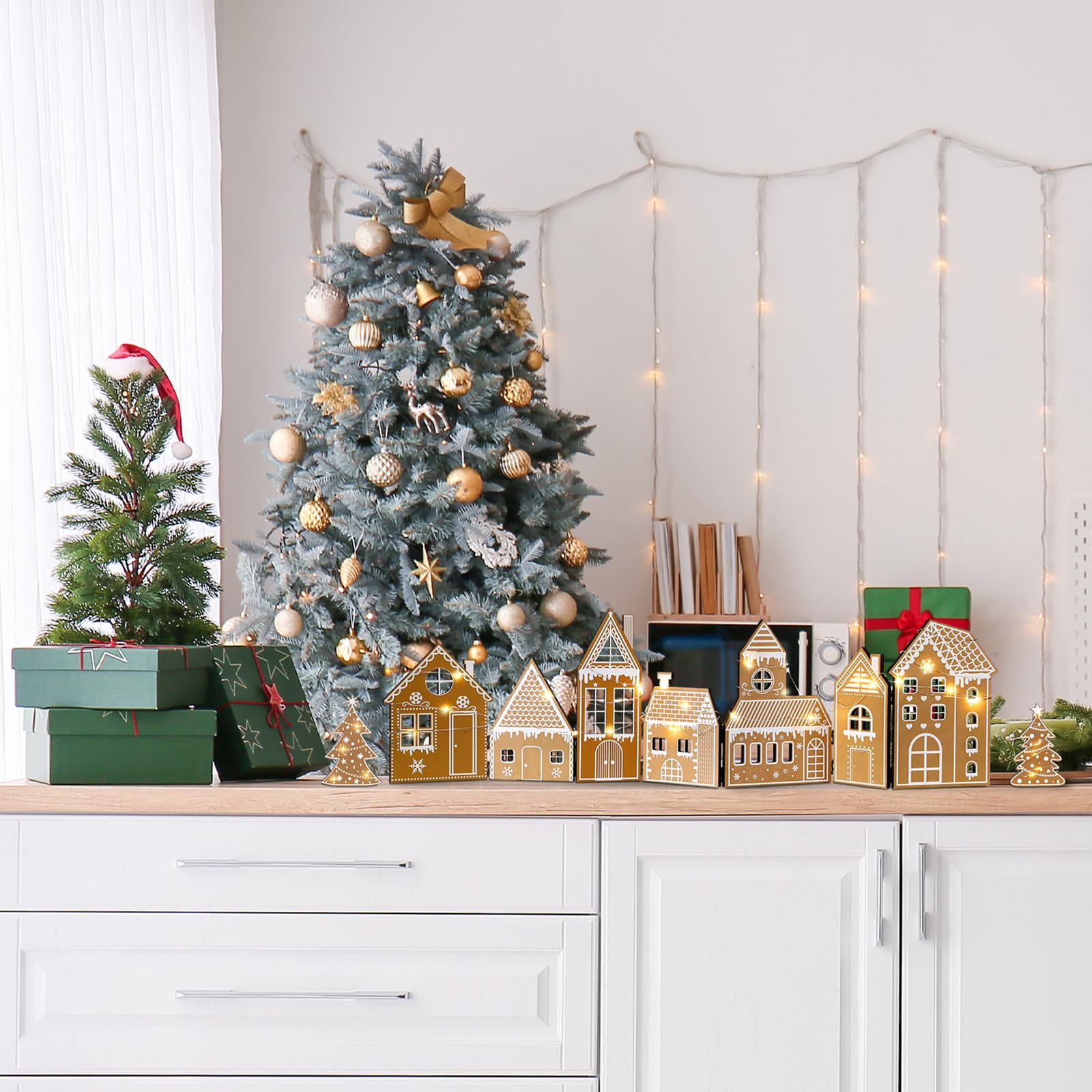 Retisee 1 lot de décorations de Noël en pain d'épices pliable avec lumière LED et 2 arbres de Noël, village de Noël, décoration d'intérieur, cadeau pour fête, 20 x 15 x 7 cm (pain d'épices, jaune)
