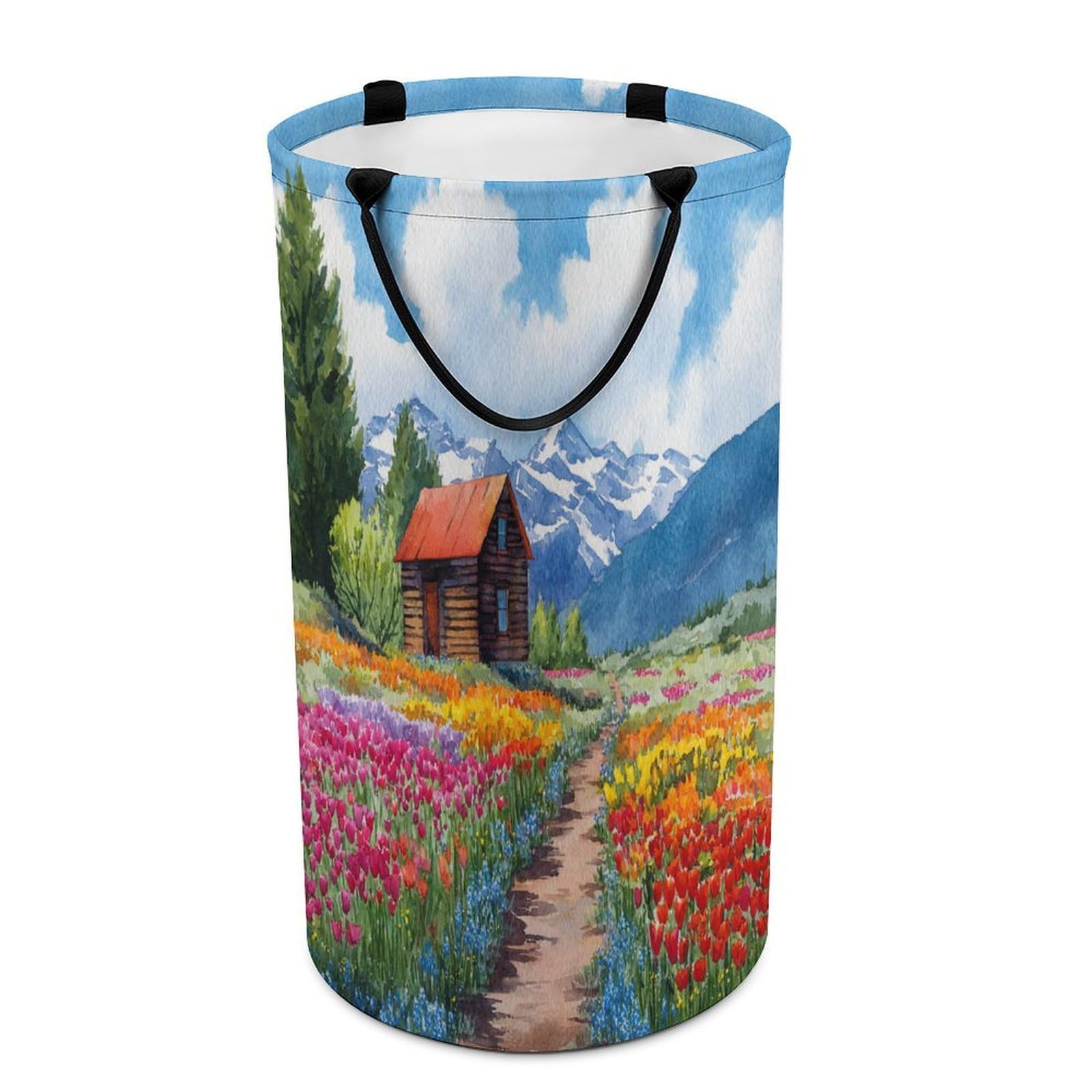 LUYYSKY Modern Fantasy Flower Field Collapsible Dirty Clothes Basket, Retro Watercolor Mountain Farm Barn Log Cabin Tulip Floral Portable Clothes Storage Basket