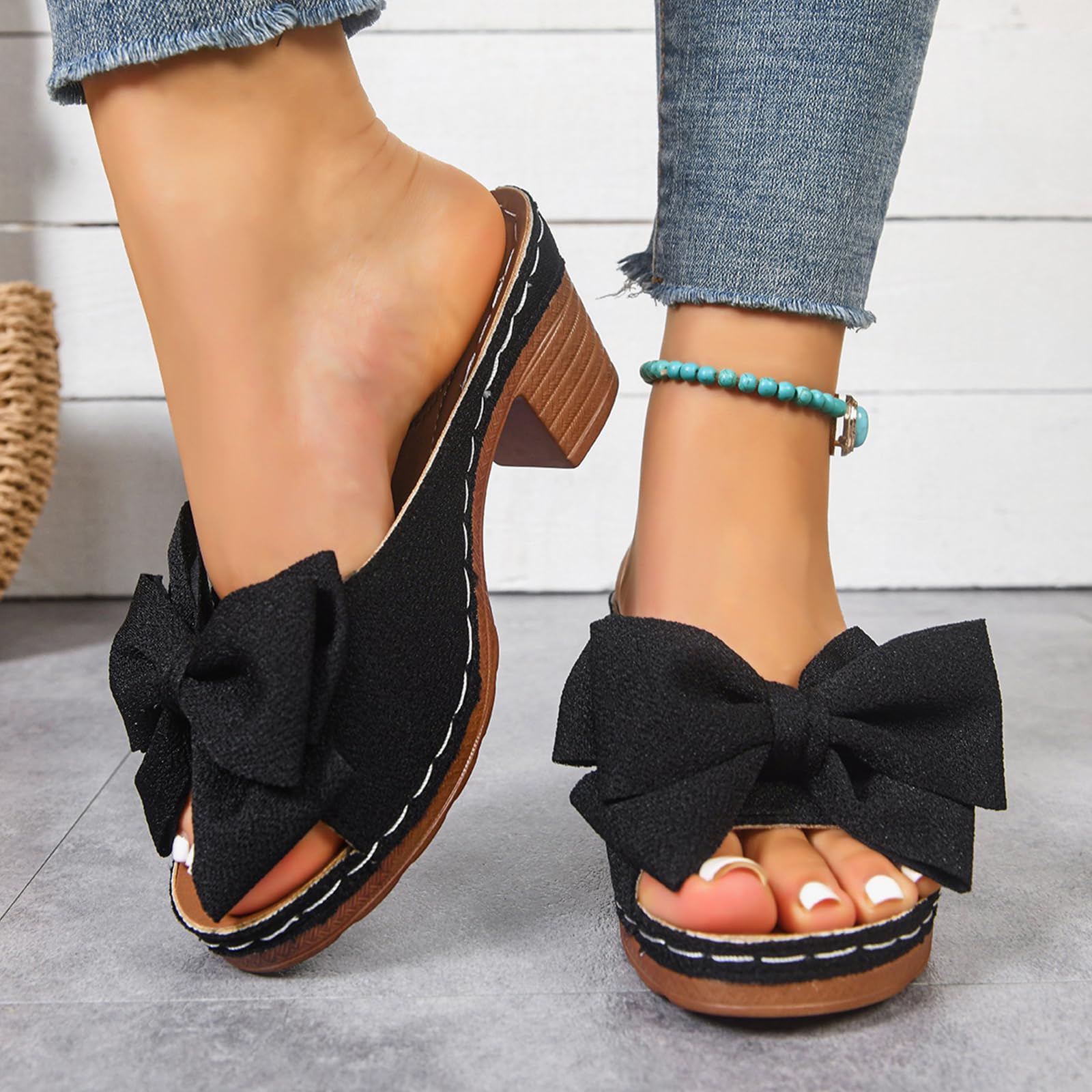 Ciabatte Donna Estive Sandali con Tacco Medio Nodo Decorativo Tomaia Satinata Suola Antiscivolo Design Slip-On Quadrata Elegante