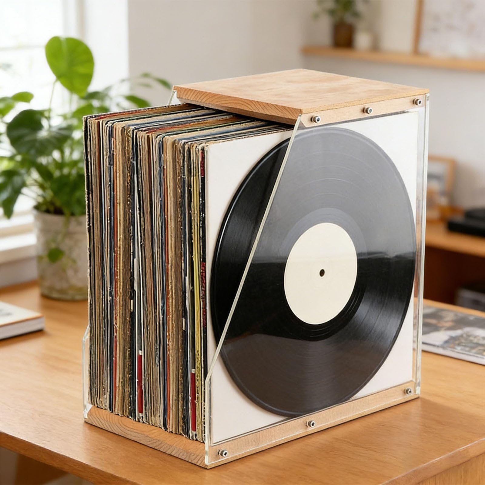 Portadischi per vinili capacità, pannelli laterali in legno e acrilico trasparente, contenitore per album e display, regalo per appassionati musica