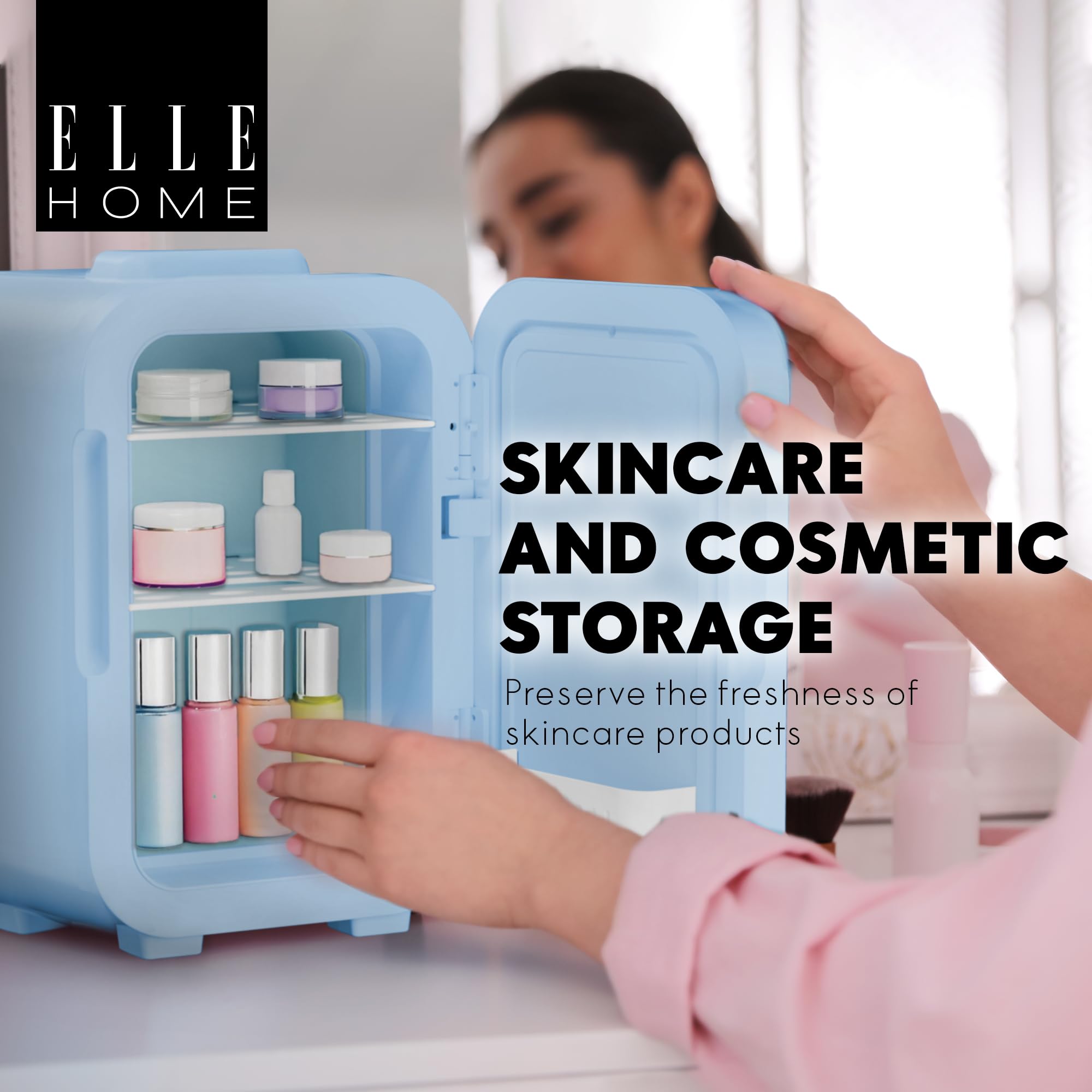 ELLE Mini Frigo Cosmetico 8L con Specchio LED - Frigorifero Bellezza Caldo & Freddo per Skincare, Cura del viso, Cosmetici, Sieri, Maschere e Bevande, Illuminazione LED Integrata - Blu