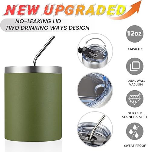 Miniatura 10 de MEWAY Vaso de acero inoxidable de 12 onzas con aislamiento al vacío de doble pared con popote y tapa, cepillo de limpieza, taza de café aislada con
