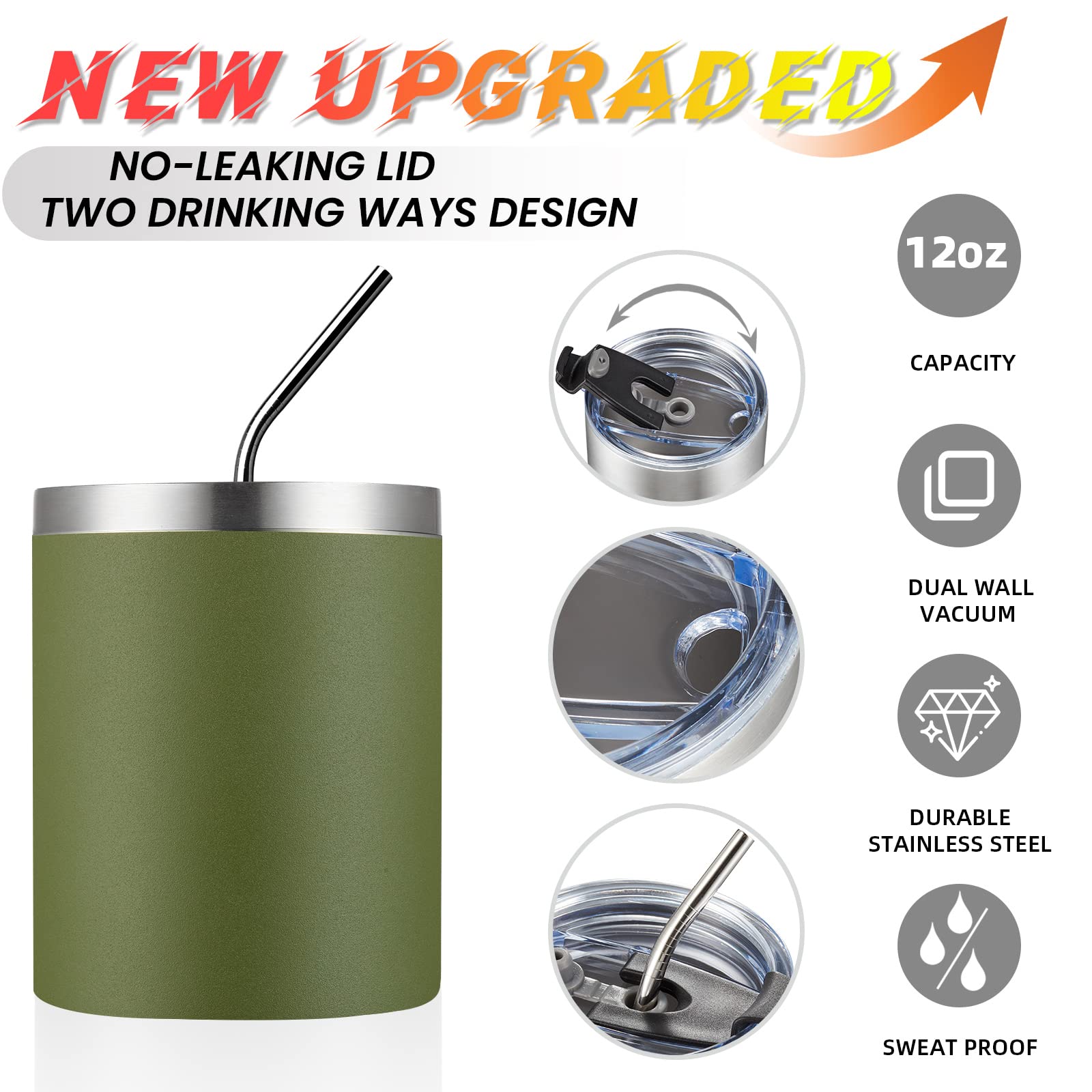 MEWAY 12 oz Lowball, Tumbler Stainless Steel Double Wall Vacuum Insulated Mug with Straw and Lid, Cleaning Brush ,Durable Powder Coated Insulated Coffee Cup for Cold & Hot Drinks (Army Green,4 pack)