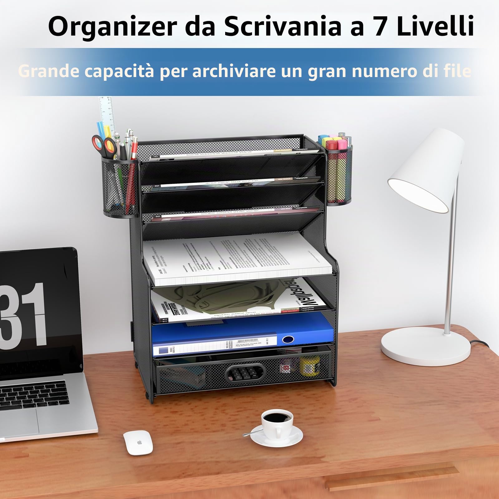 TQVAI Organizer Scrivania, 7 Ripiani Metallo Portadocumenti da Scrivania Portariviste Organizer Documenti A4 con Cassetti e 2 Portapenne per Scuola Cancelleria, Casa, Ufficio, Nero