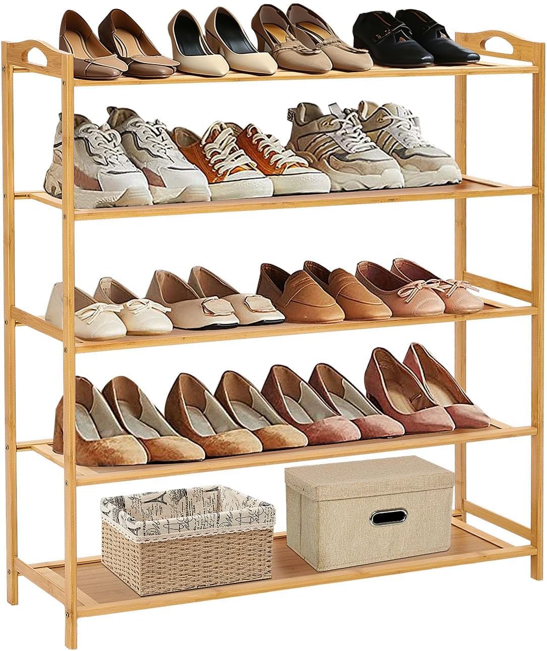 LN COZY CORNER 4/5/6 Tier Bamboo Shoe Rack, Natural Wood Shoe Organiser & Storage Shelf, Keep Hallway Tidy, for Entryway Porch Closet (5-tier, Width 79cm)