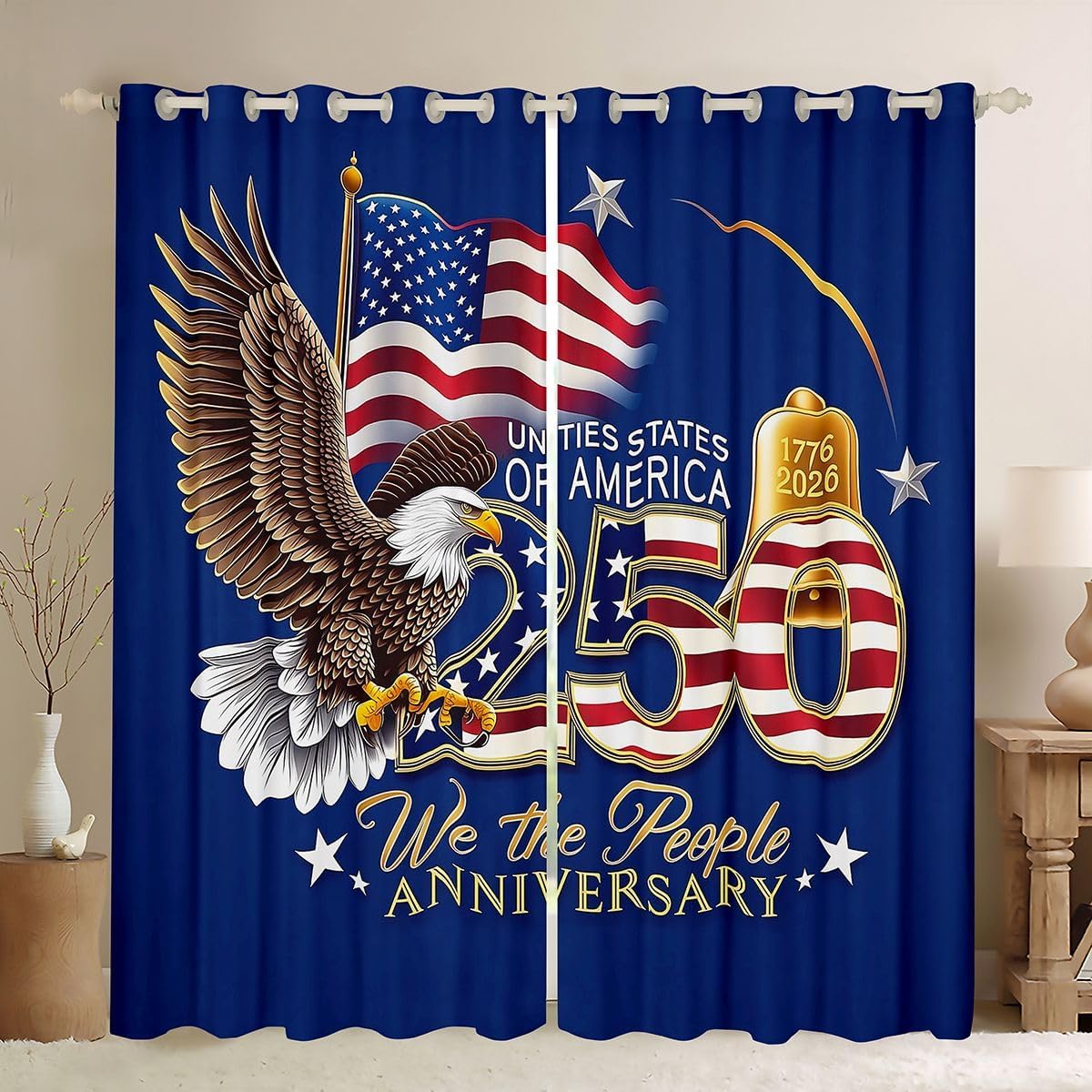 Feelyou American Flag Blackout Curtains 4th of July Darkening Drapes for Bedroom Living Room Decor 250th Anniversary Thermal Insulated Shades Eagle Pint Window Treatments, 2 Panels 52 x 63 Inch