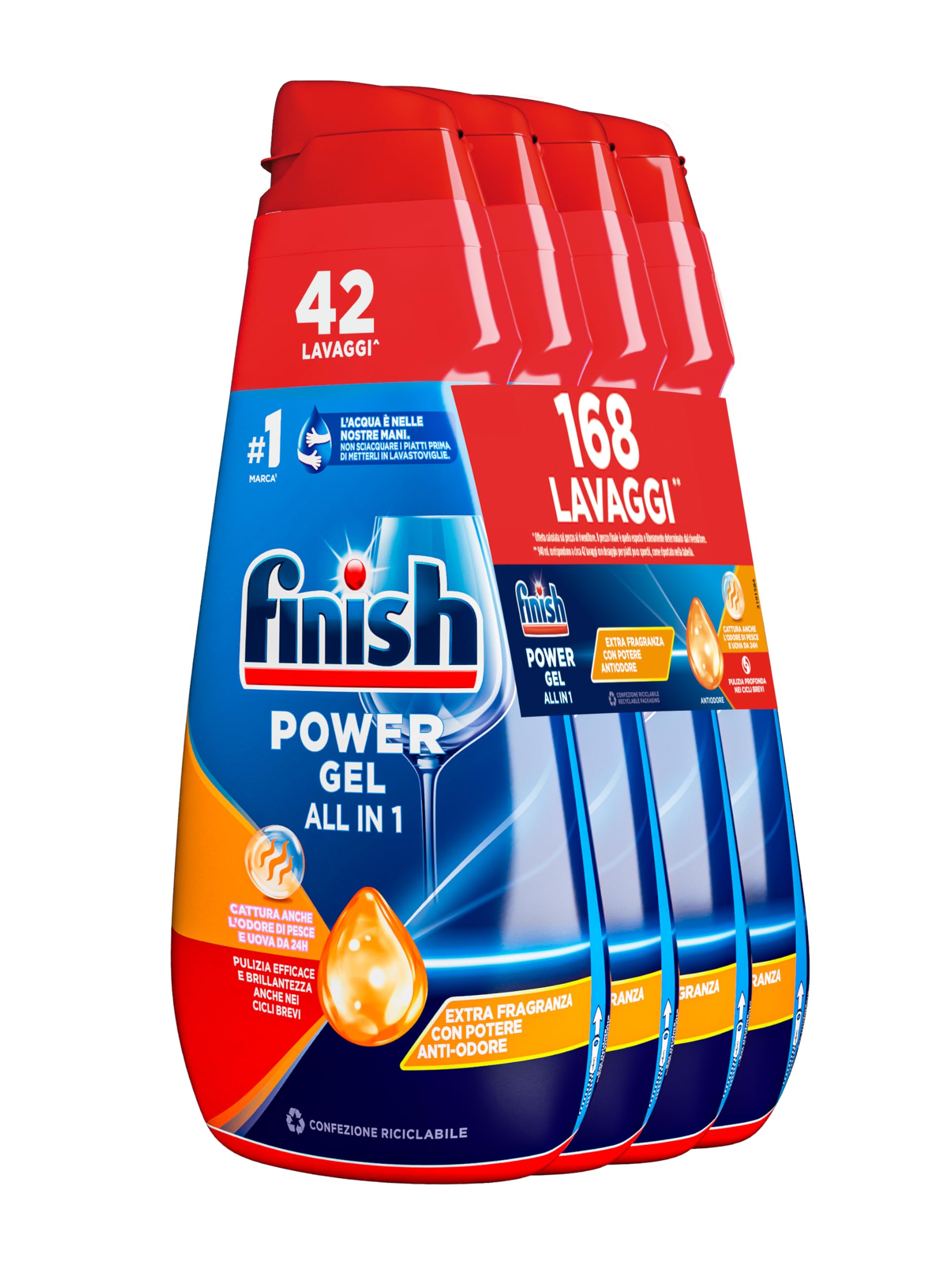 Finish Powergel, Gel Detersivo per Lavastoviglie Liquido,168 Lavaggi, 4 confezioni da 42 Lavaggi, Antiodore, Multiazione