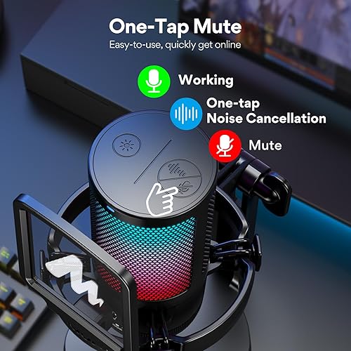 Miniatura 3 de MAONO Micrófono USB para juegos para PC, micrófono condensador con cancelación de ruido con luces RGB, silencio, ganancia para transmisión,