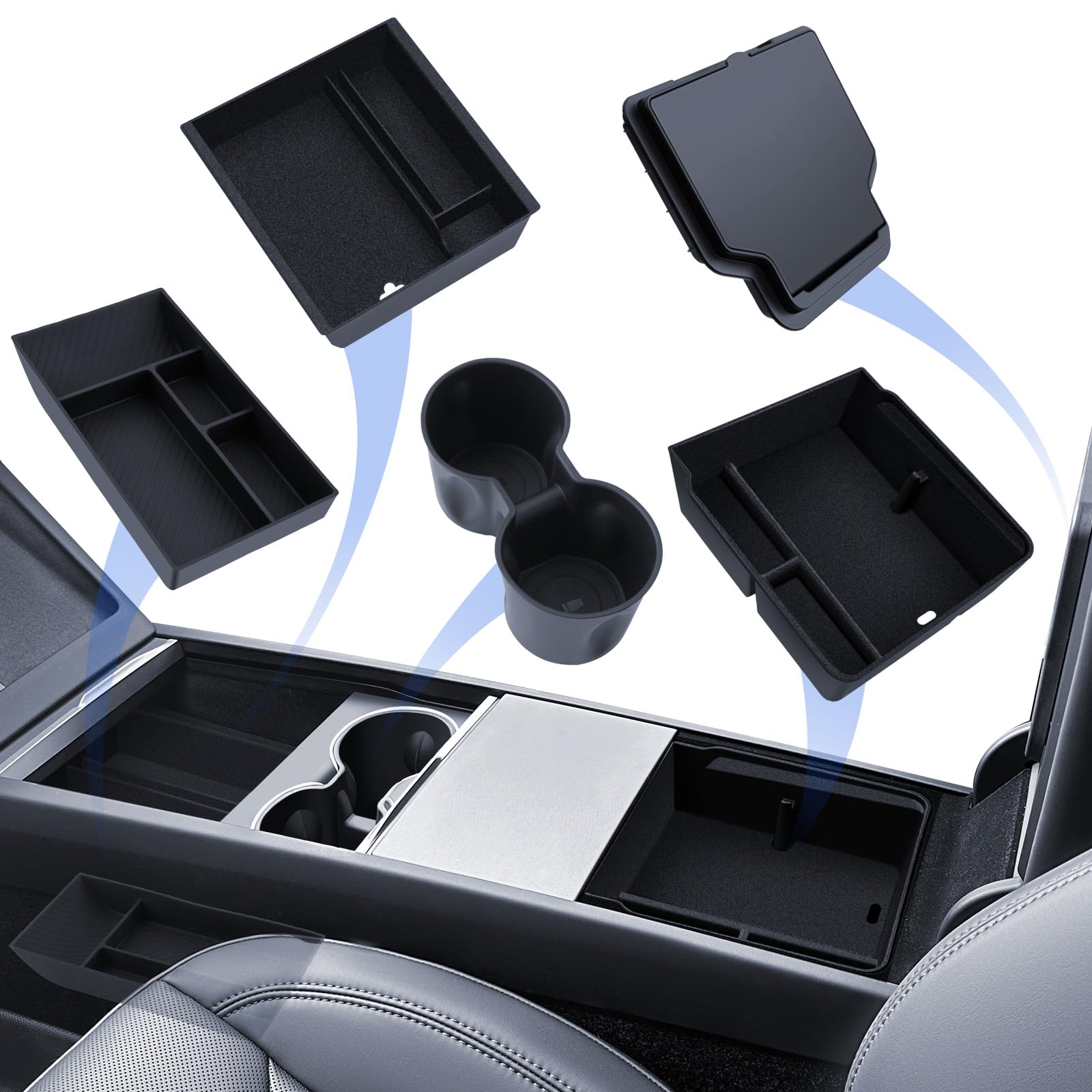 LANTU 5 Pcs Zubehör für Tesla Model Y 2025-2026 Juniper Mittelkonsole Organizer, Silikon Organizer Tray, Armlehne Aufbewahrungsbox, Versteckte Box und Getränkehalter (Beflockung)