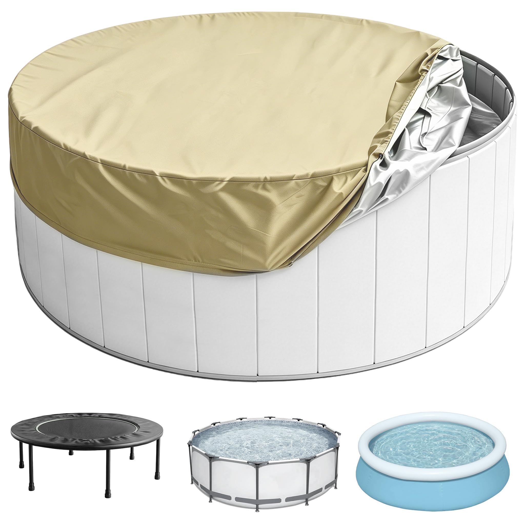 10FT Waterproof Pool Cover for Inflatable Frame Pools, and Trampoline Sun Cover, Hot Tubs, Spas, 305cm x 20cm, (Light Khaki)