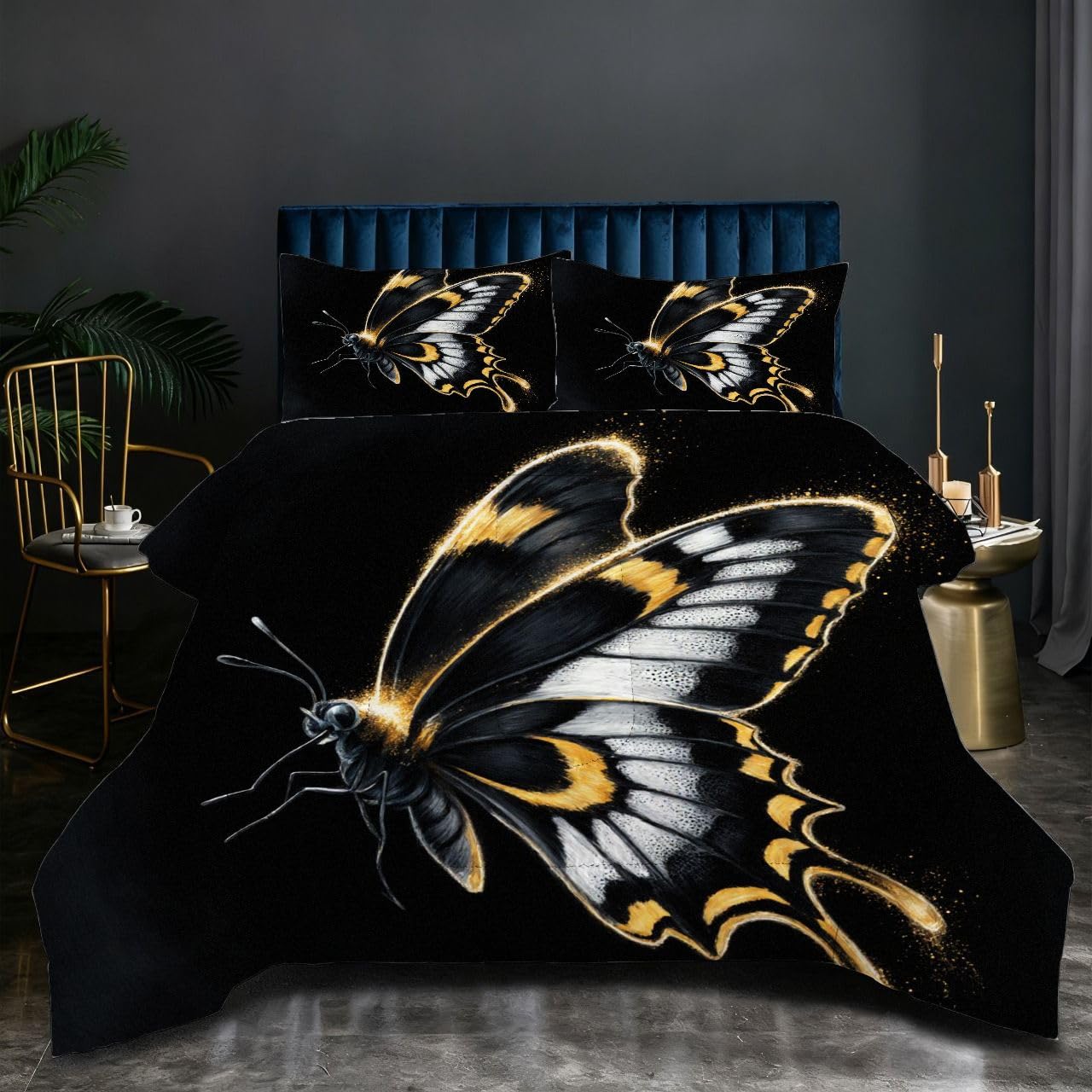Ensemble Lit Complet 160x200 cm Papillon Noir, Housse en Microfibre Imprimée et Duvet Coton 4 Saisons, Comprend 2 Taies, Excellence et Qualité Supérieure, Chaud et Respirant N228