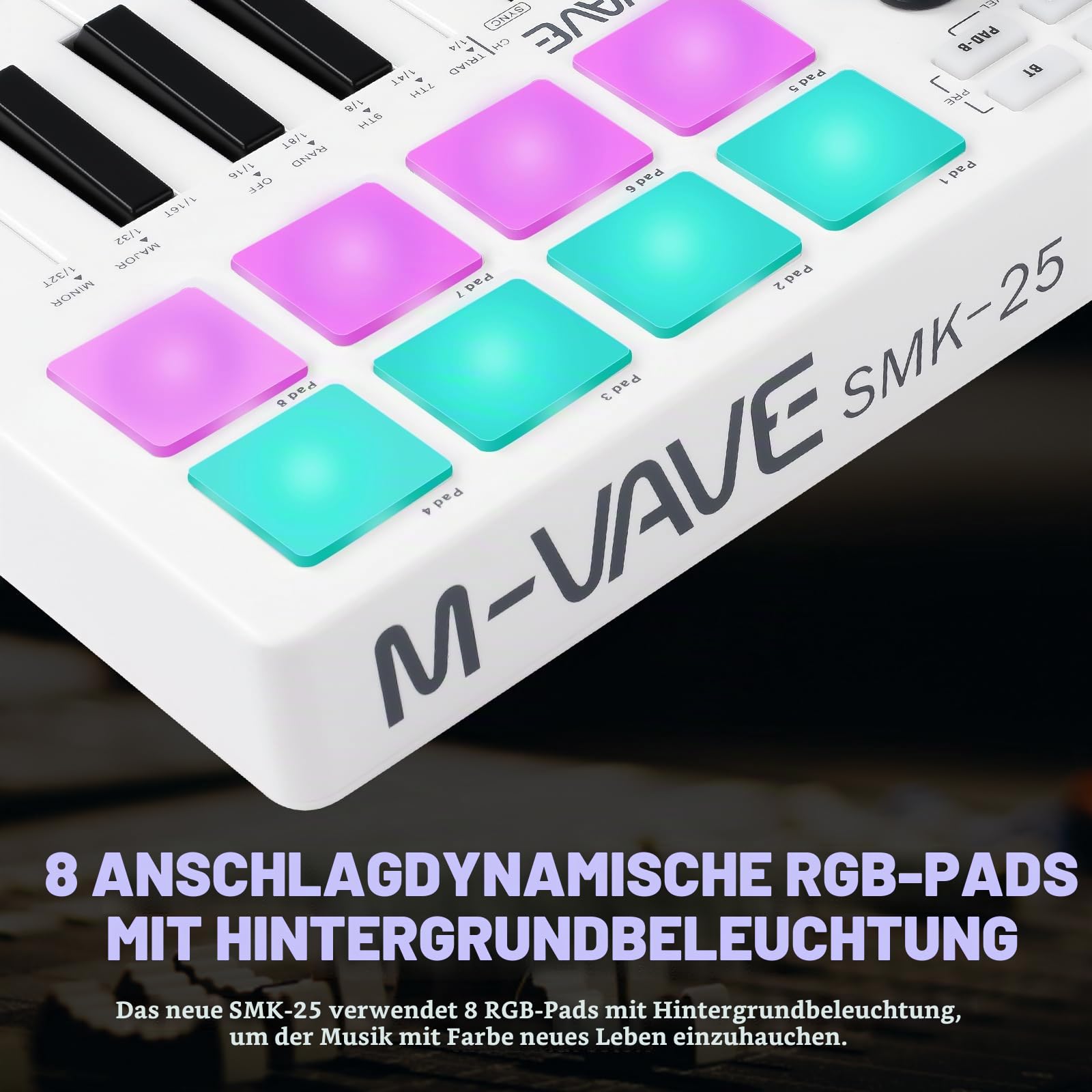 M-VAVE Mini 25-Tasten-MIDI-Tastatur, Musik-Arrangement-Keyboard, elektronisches MIDI-Keyboard, Controller-Pad, eingebauter Akku SMK-25 weiß