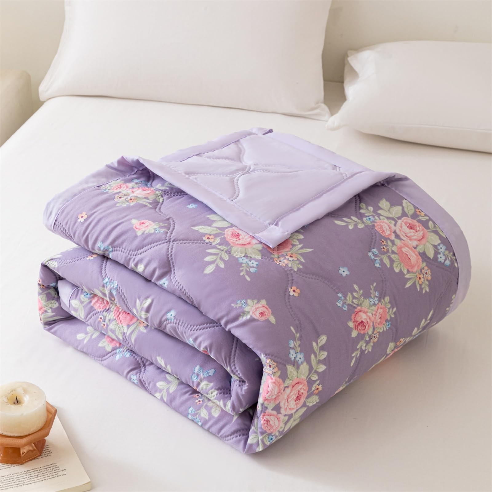 Hiseng Floral Print Quilted Bedspreads Single Double King Size, 2.5 Tog Soft Coverless Duvet, Lightweight Bed Throws, Reversible Summer Quilted for Sofa Bed (Rose and purple,200x230cm)
