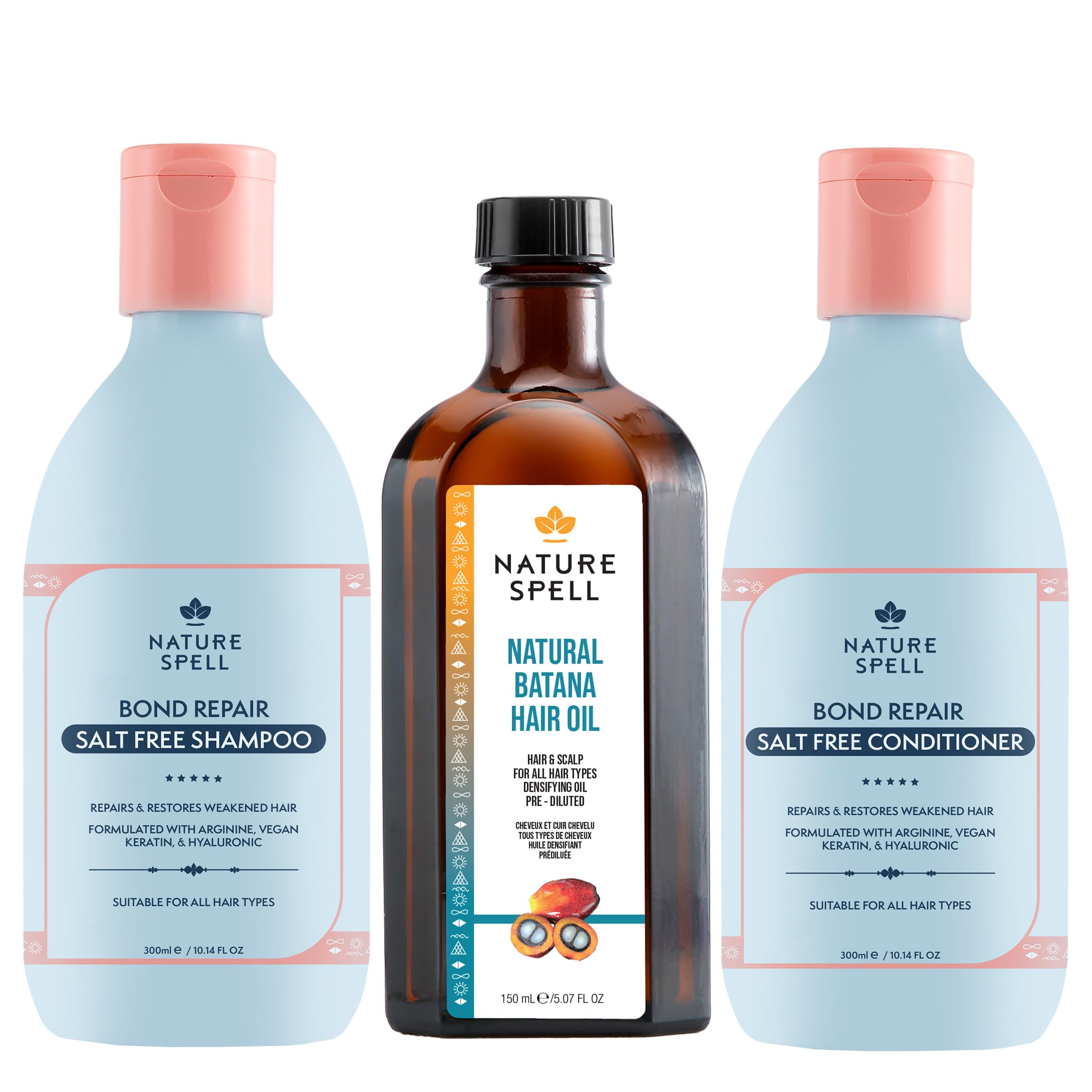 Nature Spell Hair Growth Trio for Dry Damaged Hair, Includes Batana Oil, Bond Repair Shampoo and Conditioner, Restores