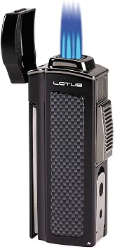 Lotus Dominator Table Cigar Lighter with Quad Wind-Resistant Torch Flames, Fold-Out Cigar Scissors, Two Integrated Punches, Large Flame Adjuster, Extra Large Fuel Tank (Black Matte & Carbon Fiber)