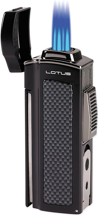 Lotus Dominator Table Cigar Lighter with Quad Wind-Resistant Torch Flames, Fold-Out Cigar Scissors, Two Integrated Punches, Large Flame Adjuster, Extra Large Fuel Tank (Black Matte & Carbon Fiber)