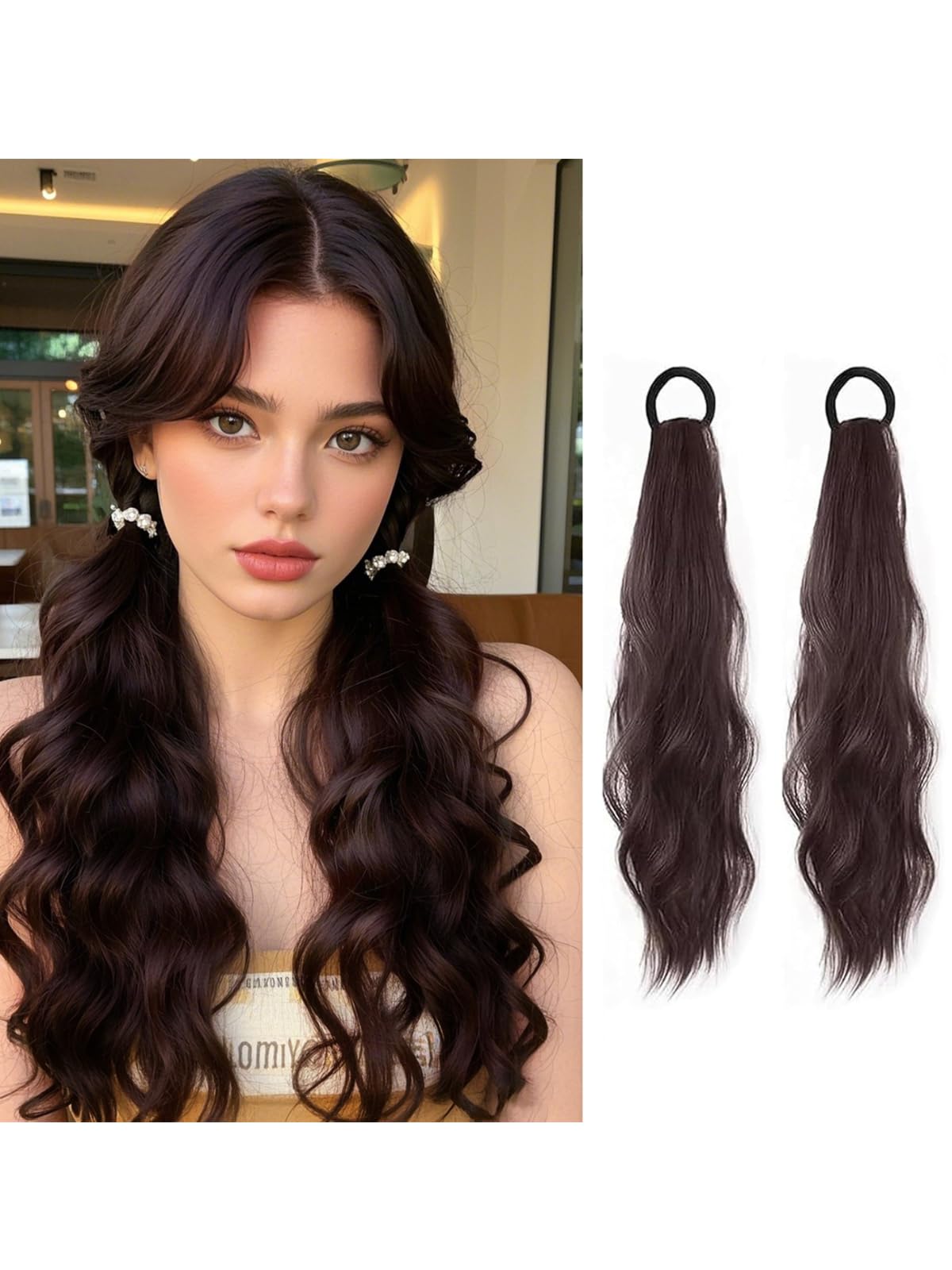 Photo 1 of 2PCS Curly Ponytail Extension with Elastic Tie 17 Inch Resistant Synthetic Natural Wavy Hairpiece Pony Tail Hair Extensions Wave Fake Ponytail Hairpieces for Women Daily Wear