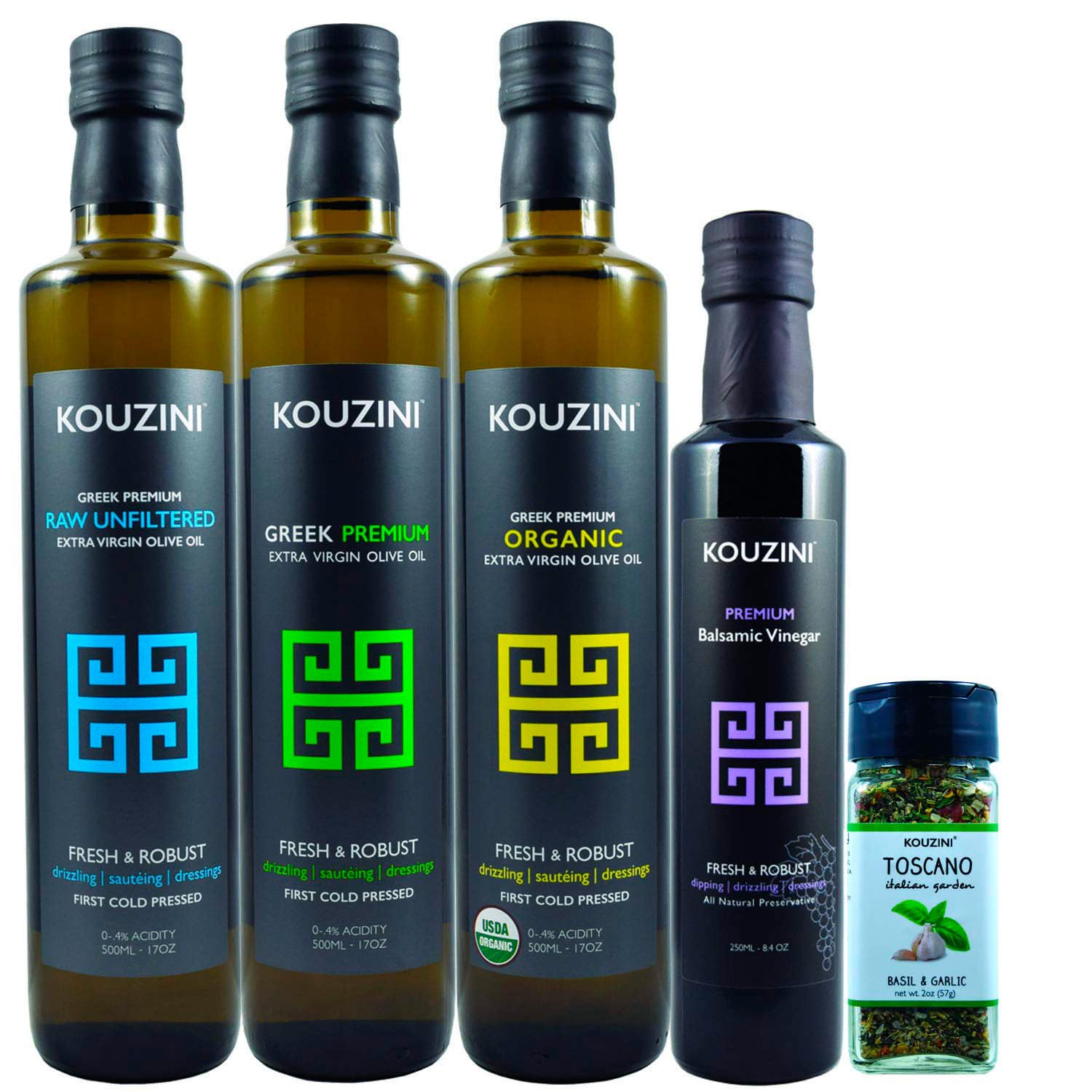 Kouzini Hercules Bundle, Greek Premium Raw Unfiltered, Organic, Extra Virgin Olive Oil, Balsamic Vinegar, and Toscano Basil & Garlic Seasoning, For