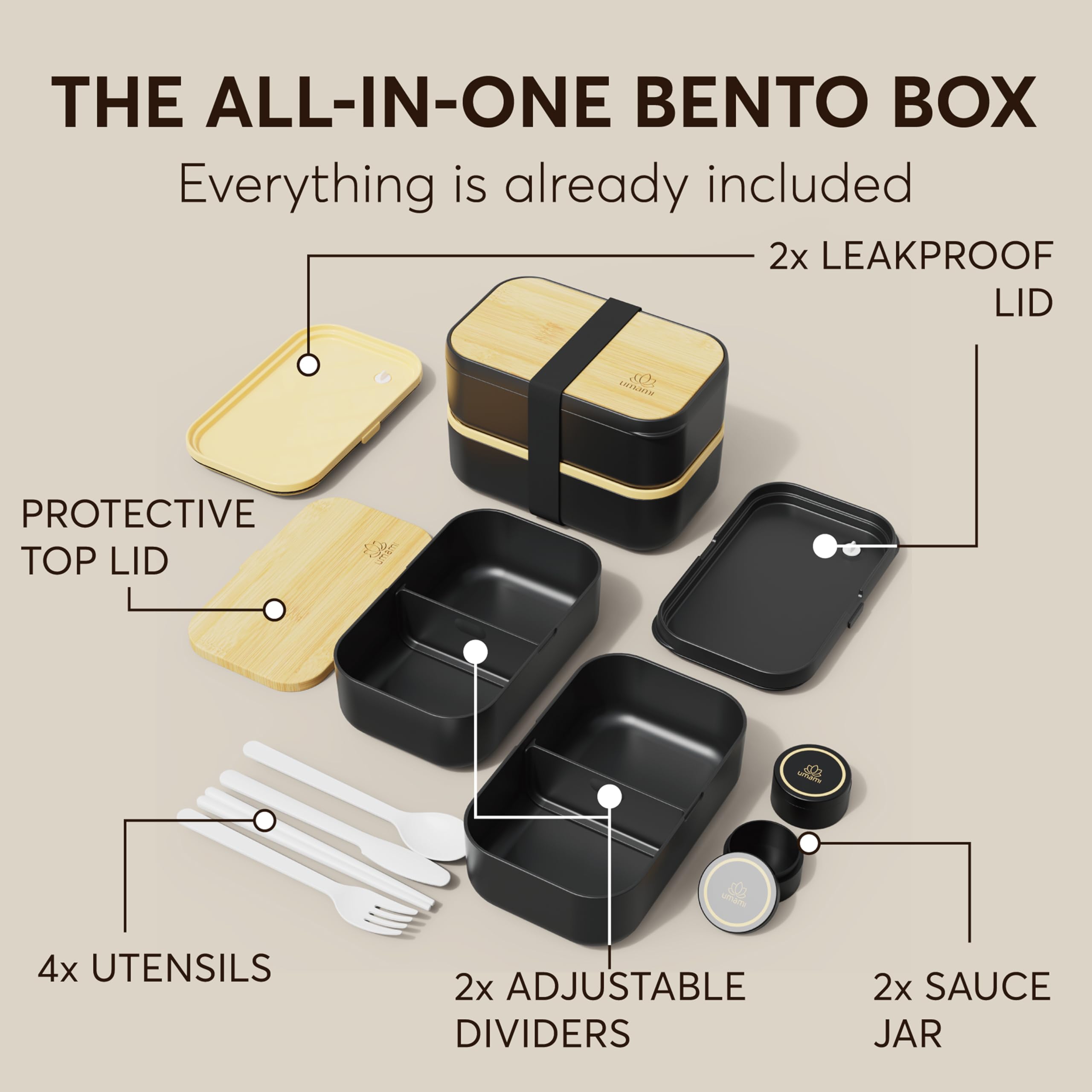 Porta Pranzo 2L, Lunch Box Ermetico con 4 Scomparti e Posate, Sicuro per Microonde, Lavastoviglie, Portapranzo Ufficio, Bento Lunchbox Prova di Perdite per Adulti, Schiscetta Pranzo Umami