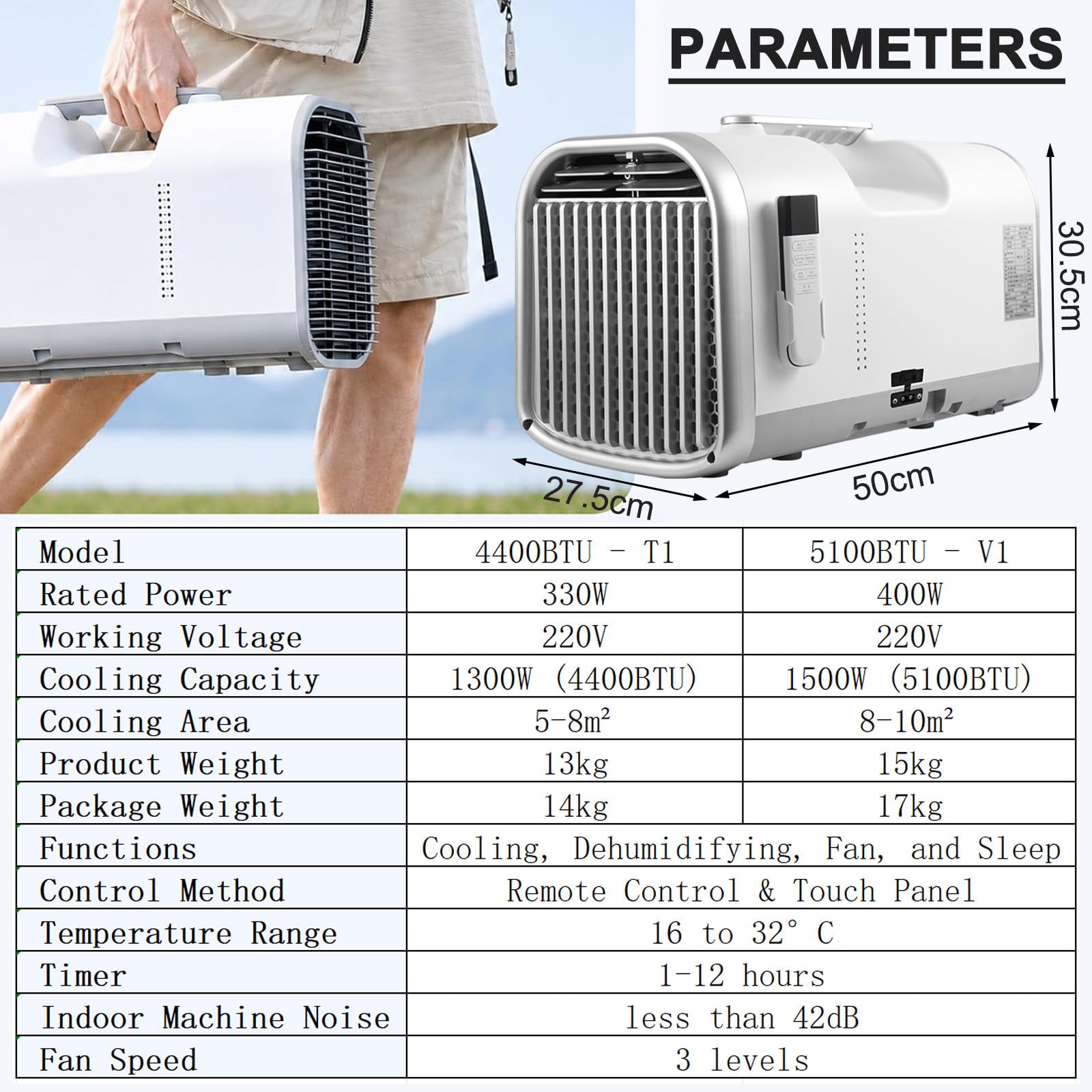 Condizionatore D'aria Portatile da Campeggio 220V per Camion 4400BTU | Condizionatore Portatile per Camper e Piccoli Ambienti, con Timer Regolabile da 1 a 12 Ore e Telecomando