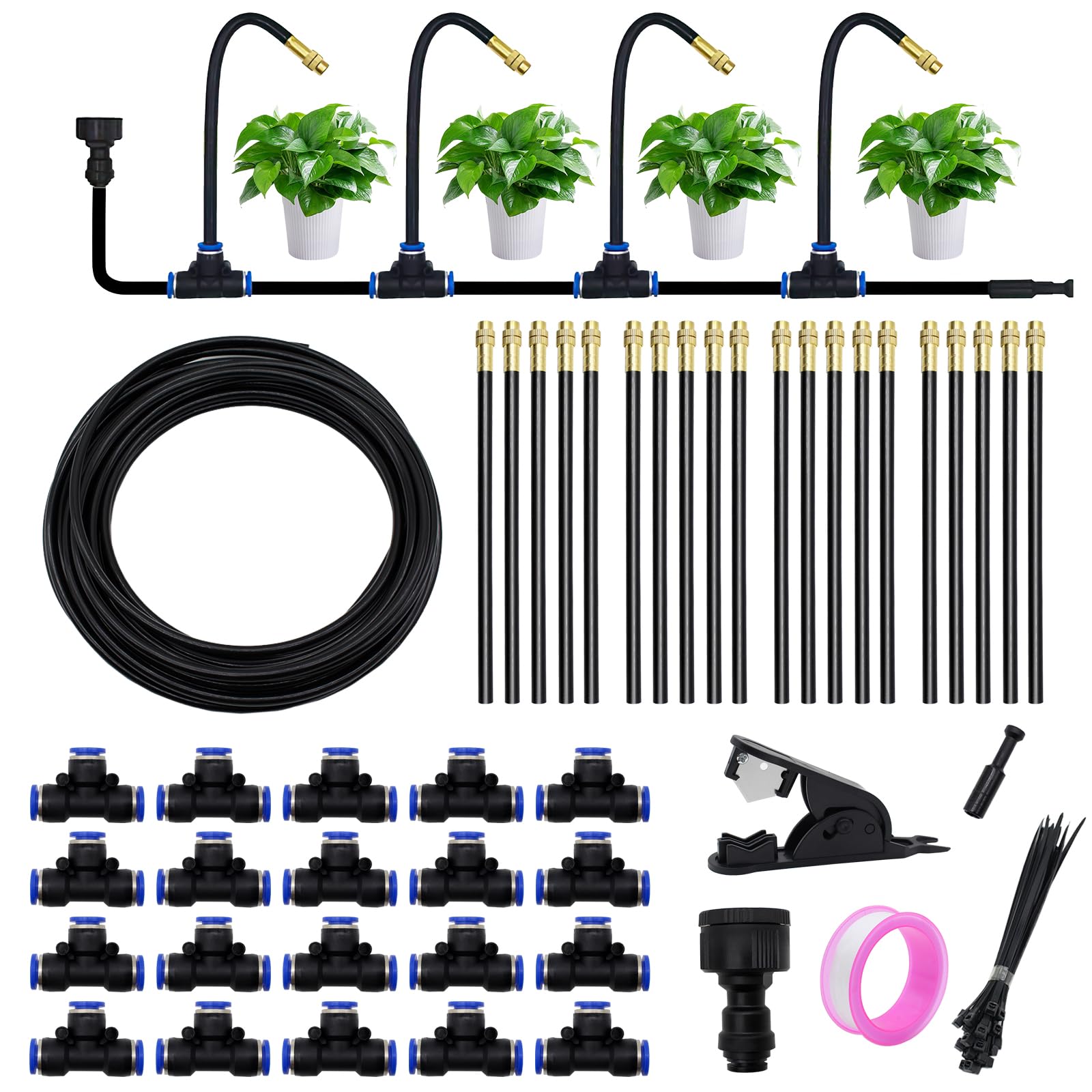 Sistema de riego automático para jardín, kit de riego por nebulización de 360° con boquillas ajustables, sistema de riego curvado para jardín, patio, césped e invernadero (20M/65.6Ft)
